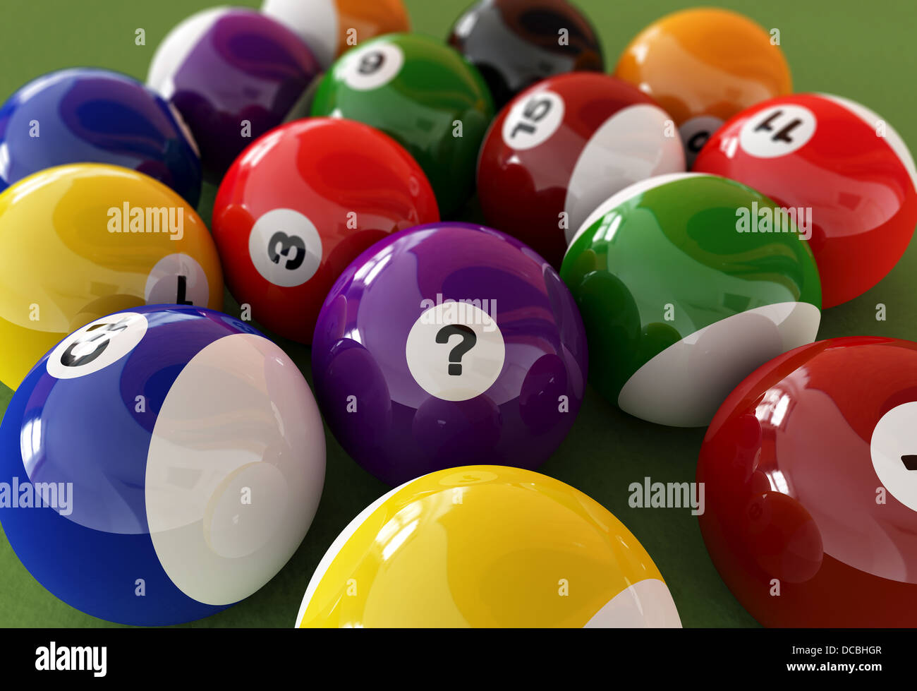 Gruppe von BillardKugeln mit Zahlen. Der Ball in der Mitte hat ein Fragezeichen darauf