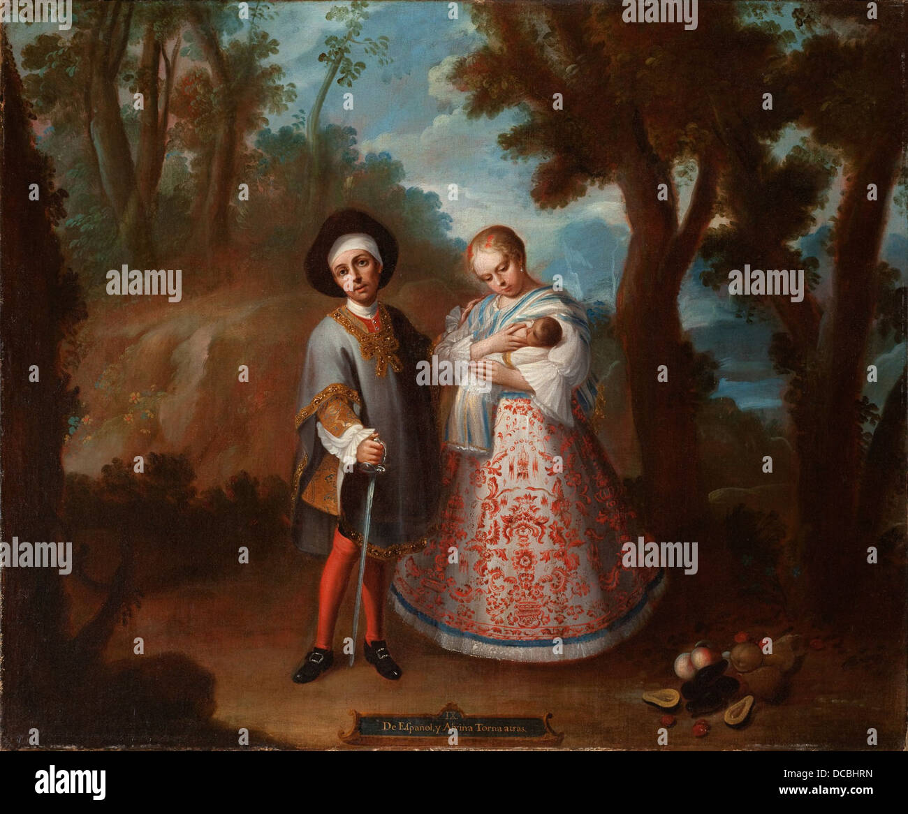 Ein casta-Gemälde mit spanischen und albino-Figuren, Teil einer historischen Sammlung der LACMA mit lateinamerikanischer Kunst. Das Gemälde erforscht rassische und ethnische Identität innerhalb der Kolonialgeschichte durch lebendige Bilder. Stockfoto