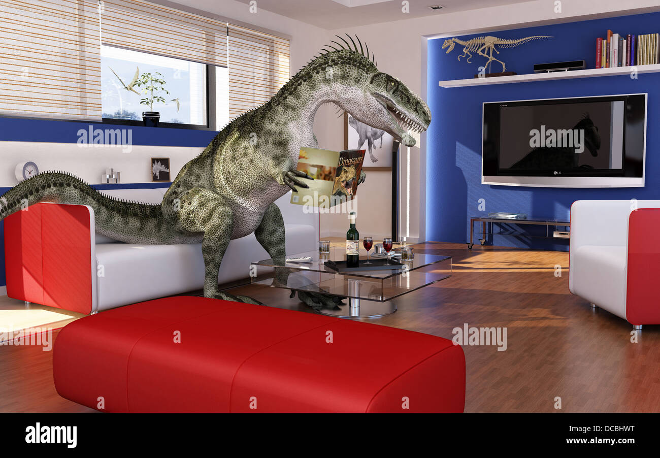 Modernes Wohnzimmer mit einem theropode Dinosaurier, sitzen auf dem Sofa und liest ein Buch der Dinosaurier. Digitale 3-D-Rendering. Stockfoto