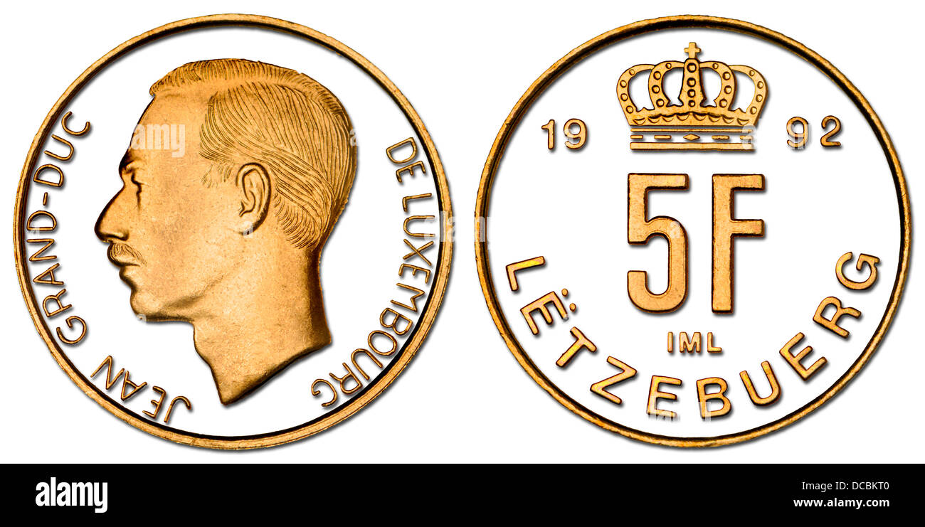 Luxemburg 5 Franken Münze aus dem Jahr 1992 - details Digital Ausschnitt, mit Schlagschatten Stockfoto