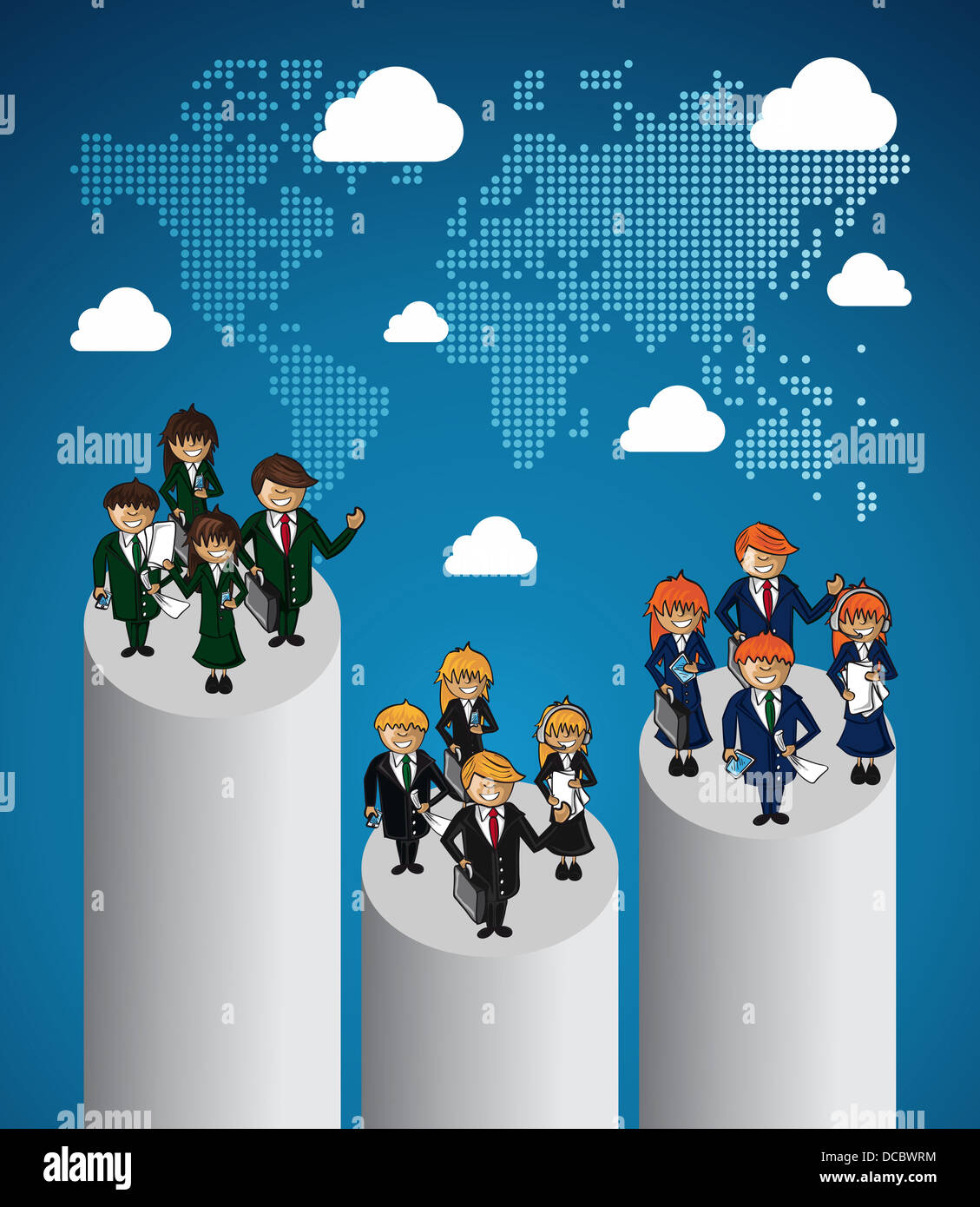 Welt Karte Unternehmen Arbeit Gruppe Rang Lage Cartoon Illustration. Vektor-Datei für die einfache Personalisierung geschichtet. Stockfoto
