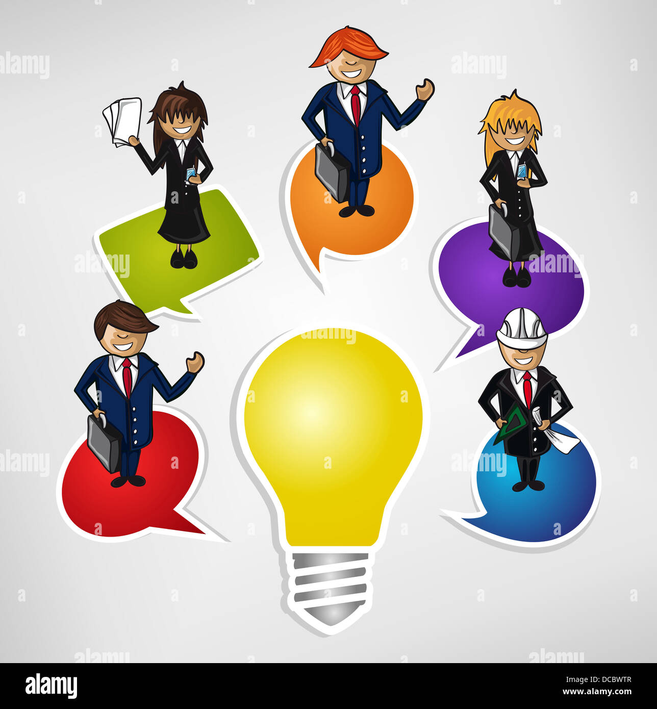 Cartoon-Menschen mit social Media-Blase über Idee Leuchtmittel. Vektor-Datei für die einfache Personalisierung geschichtet. Stockfoto