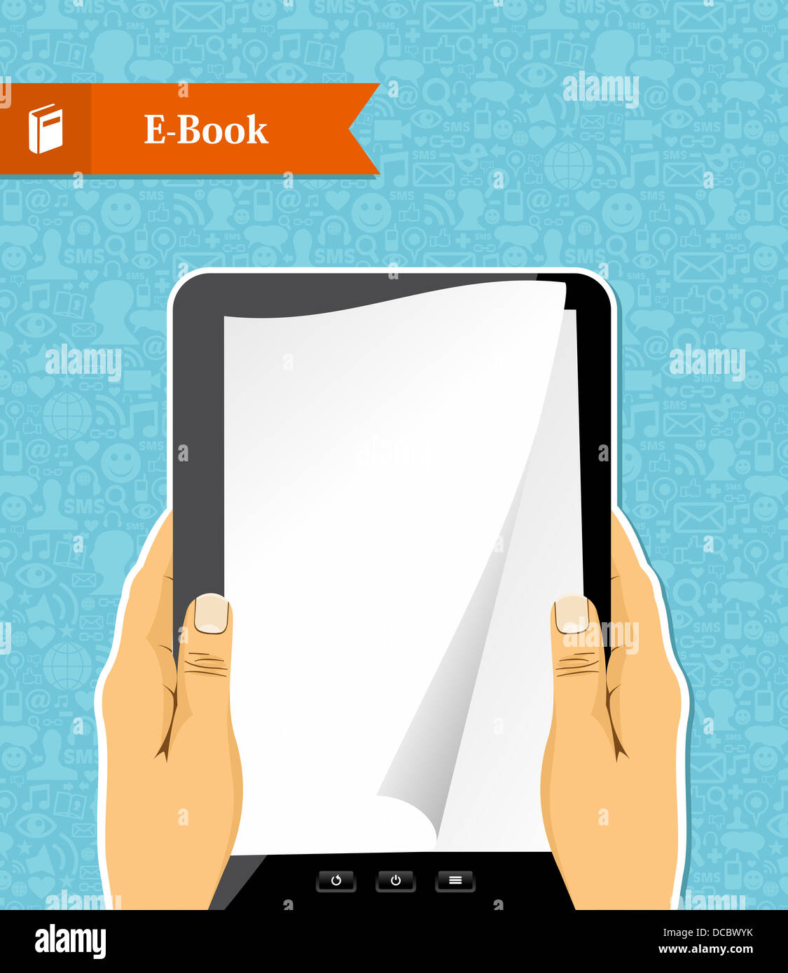 Menschliche Hände hält ein digitales Buch, social-Media-Icons-Hintergrund. Vektor-Datei geschichtet für einfache Handhabung und individuelle Farbgebung. Stockfoto