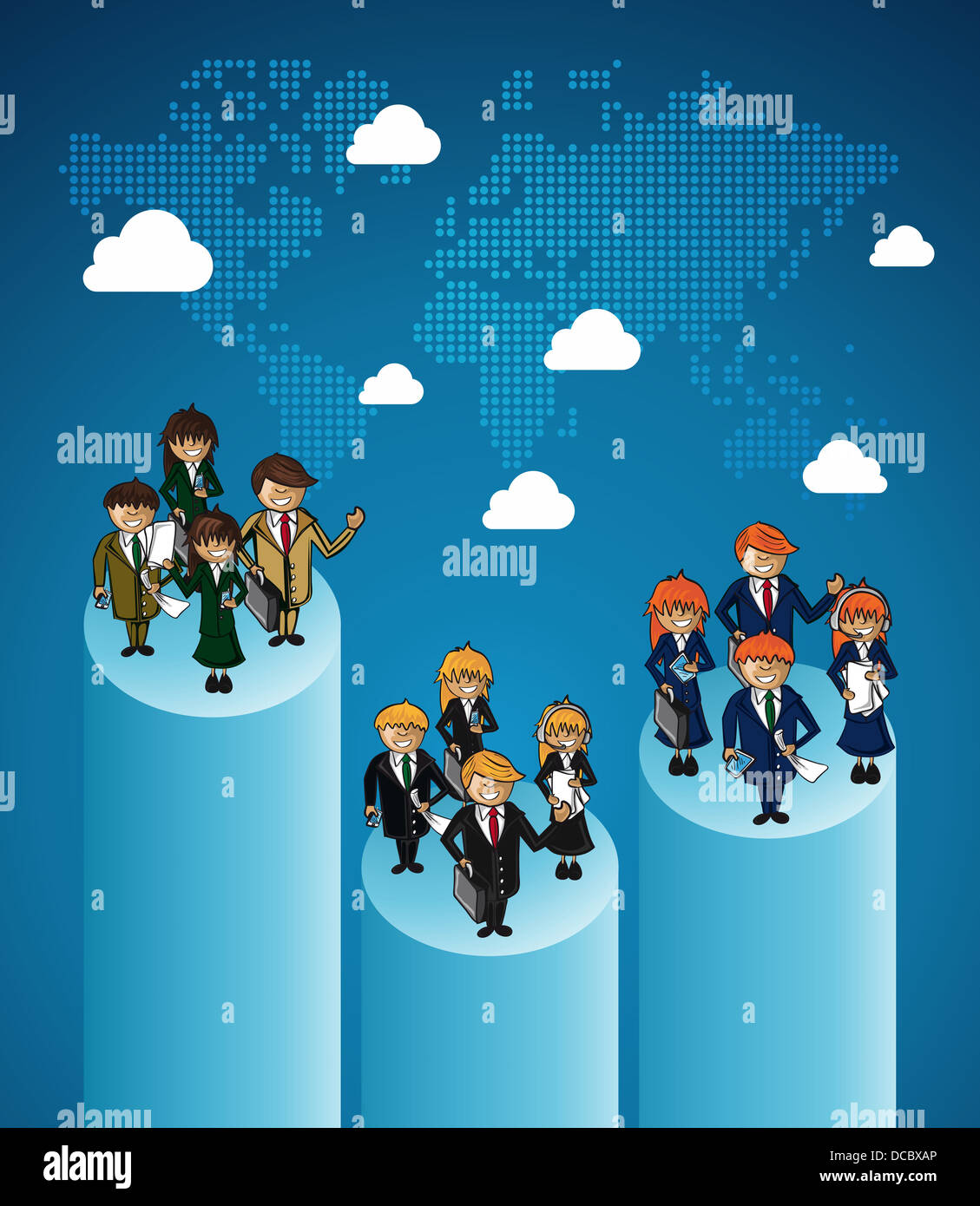 Weltkarte Geschäft Arbeit Gruppe Rang Lage Cartoon Illustration. Vektor-Datei für die einfache Personalisierung geschichtet. Stockfoto