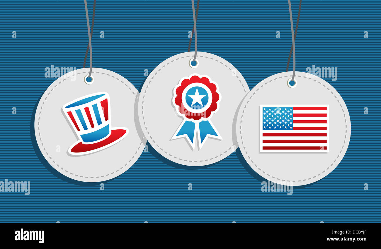 USA-Symbole hängen Stichwörter Hut Band Flagge Abbildung gesetzt. Vektor-Datei geschichtet für einfache Handhabung und individuelle Farbgebung. Stockfoto