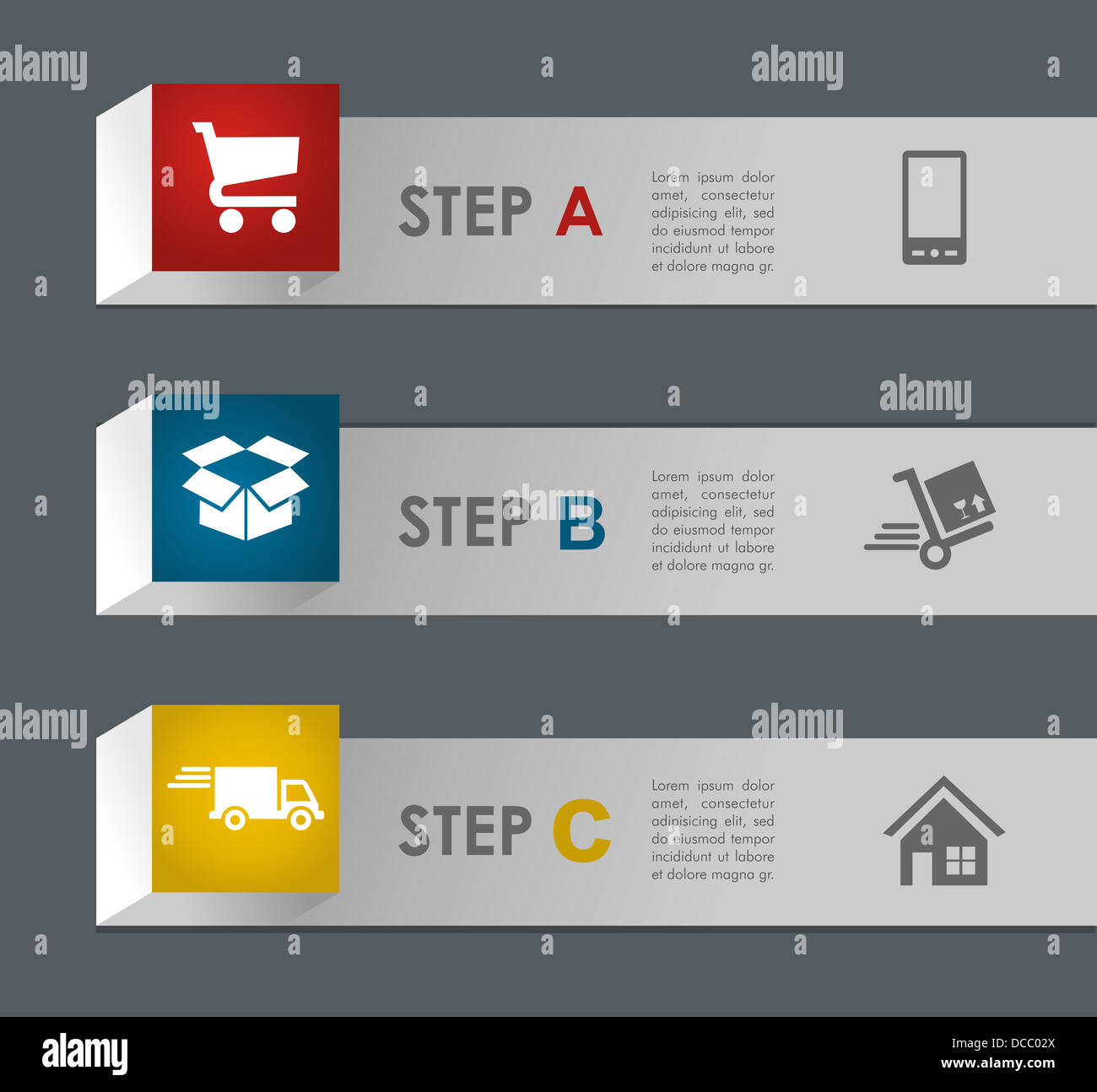 E Commerce Info grafische Symbole Schritte Abbildung. Vektor-Datei geschichtet für einfache Handhabung und individuelle Farbgebung. Stockfoto