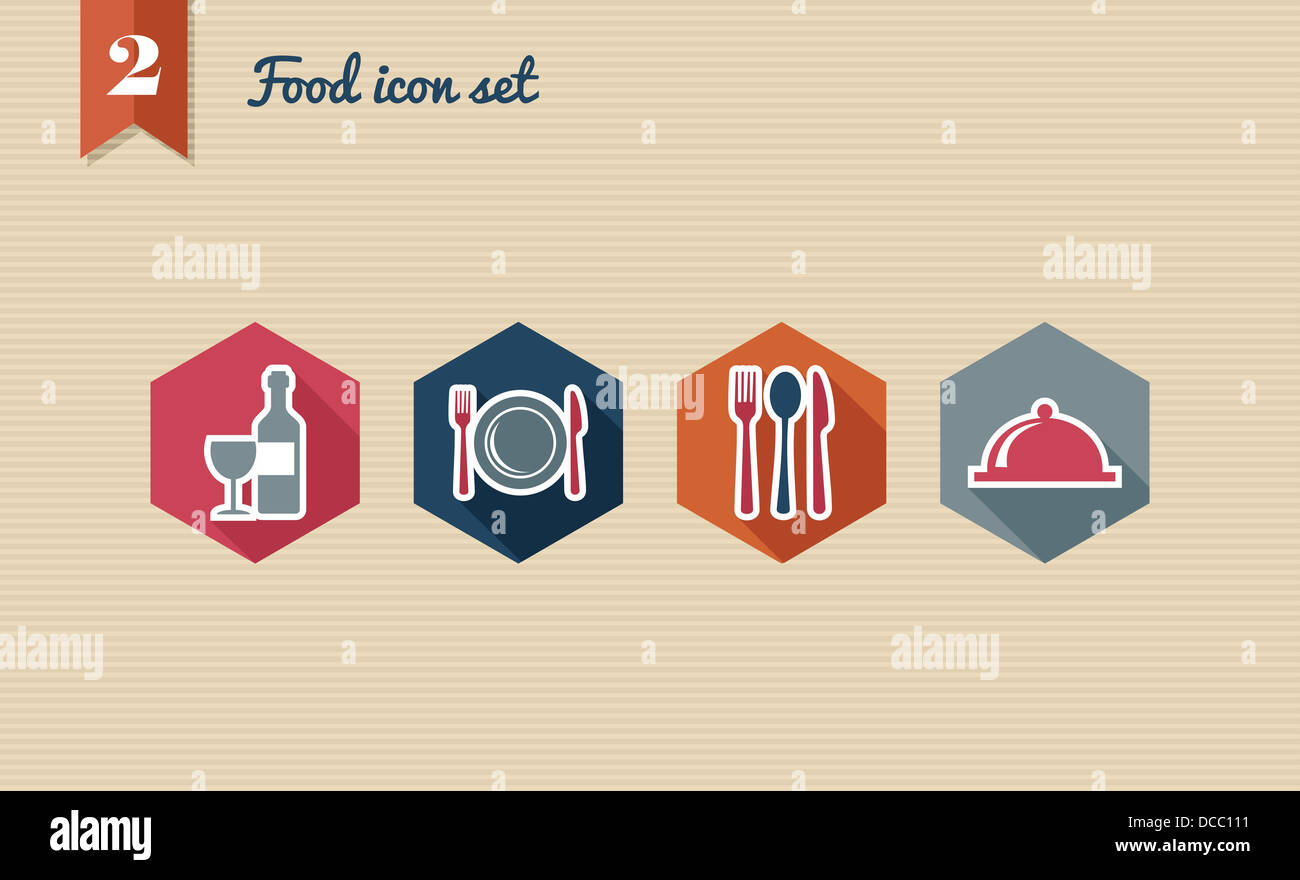 Restaurant Essen flach Icon-Set, Online-Menü Reservierung bestellen Web App Vektor-Datei für die einfache Bearbeitung geschichtet. Stockfoto