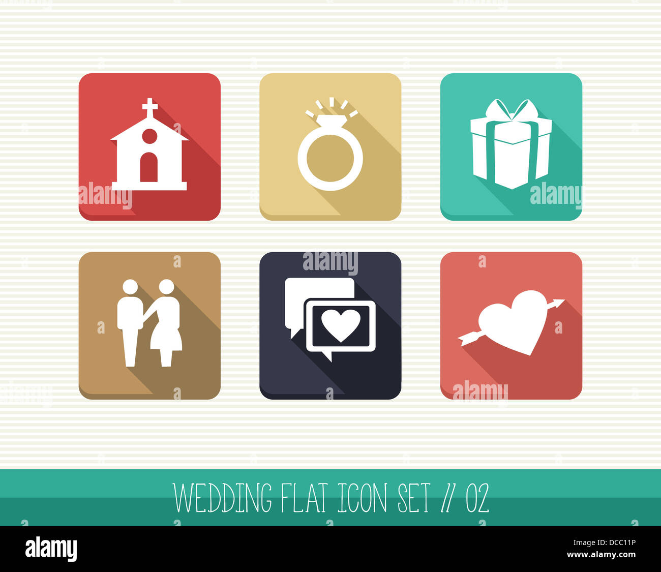 Flache Icon-Set Hochzeit, web-apps für Feier, Zeremonie Planungsdetails. Vektor-Datei für die einfache Bearbeitung geschichtet. Stockfoto