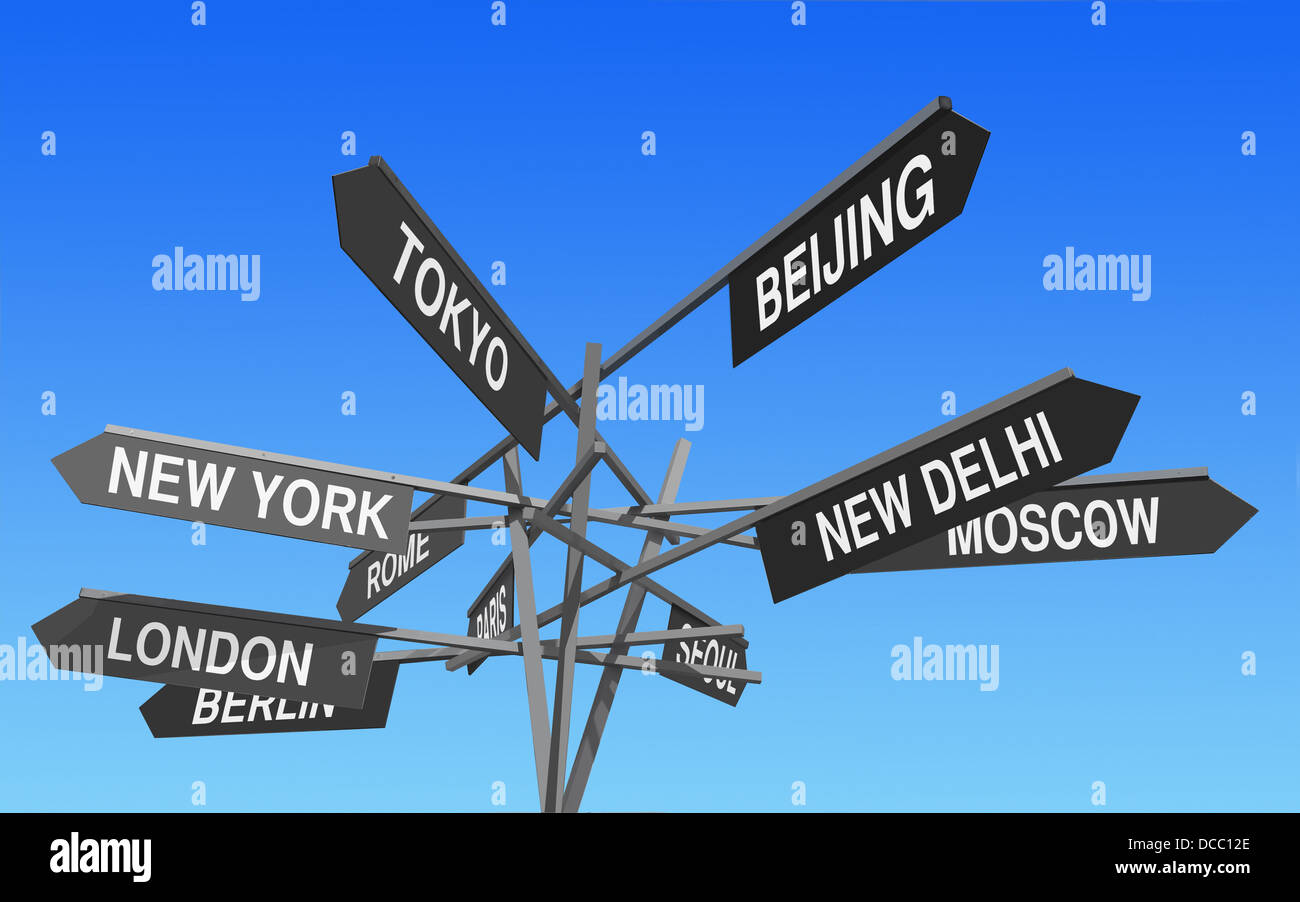 Welt finanziellen Hauptstädten Richtungen Zeichen schreiben über blauen Himmel Stockfoto