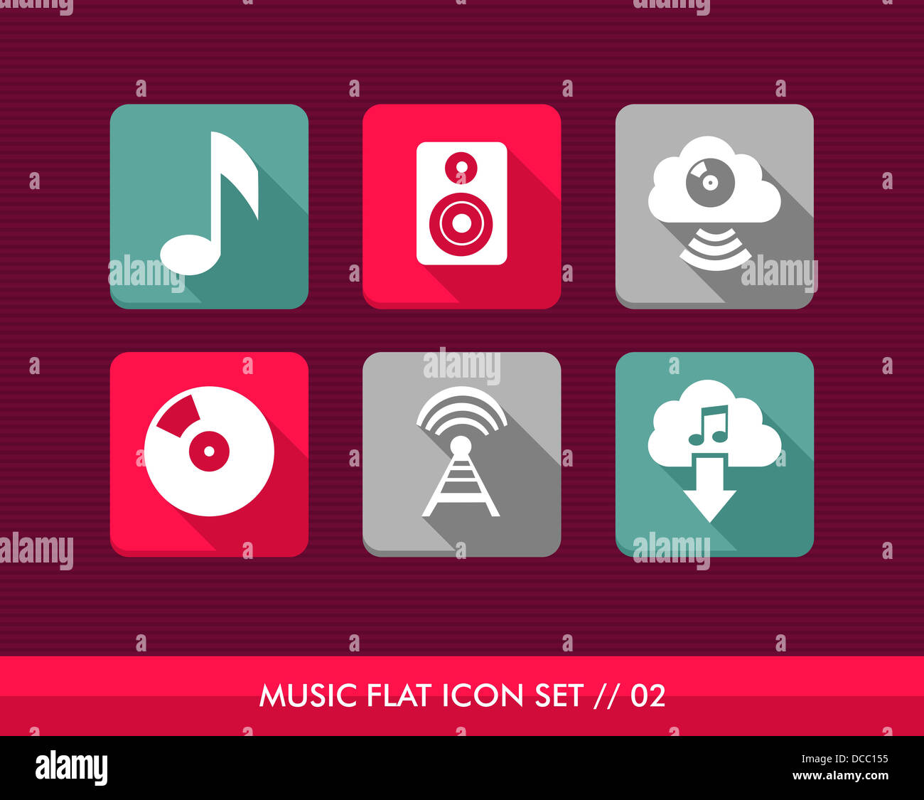 Bunte Musik flach Icon Set, Web-apps zu hören und laden Sie Songs. Vektor-Datei für die einfache Bearbeitung geschichtet. Stockfoto