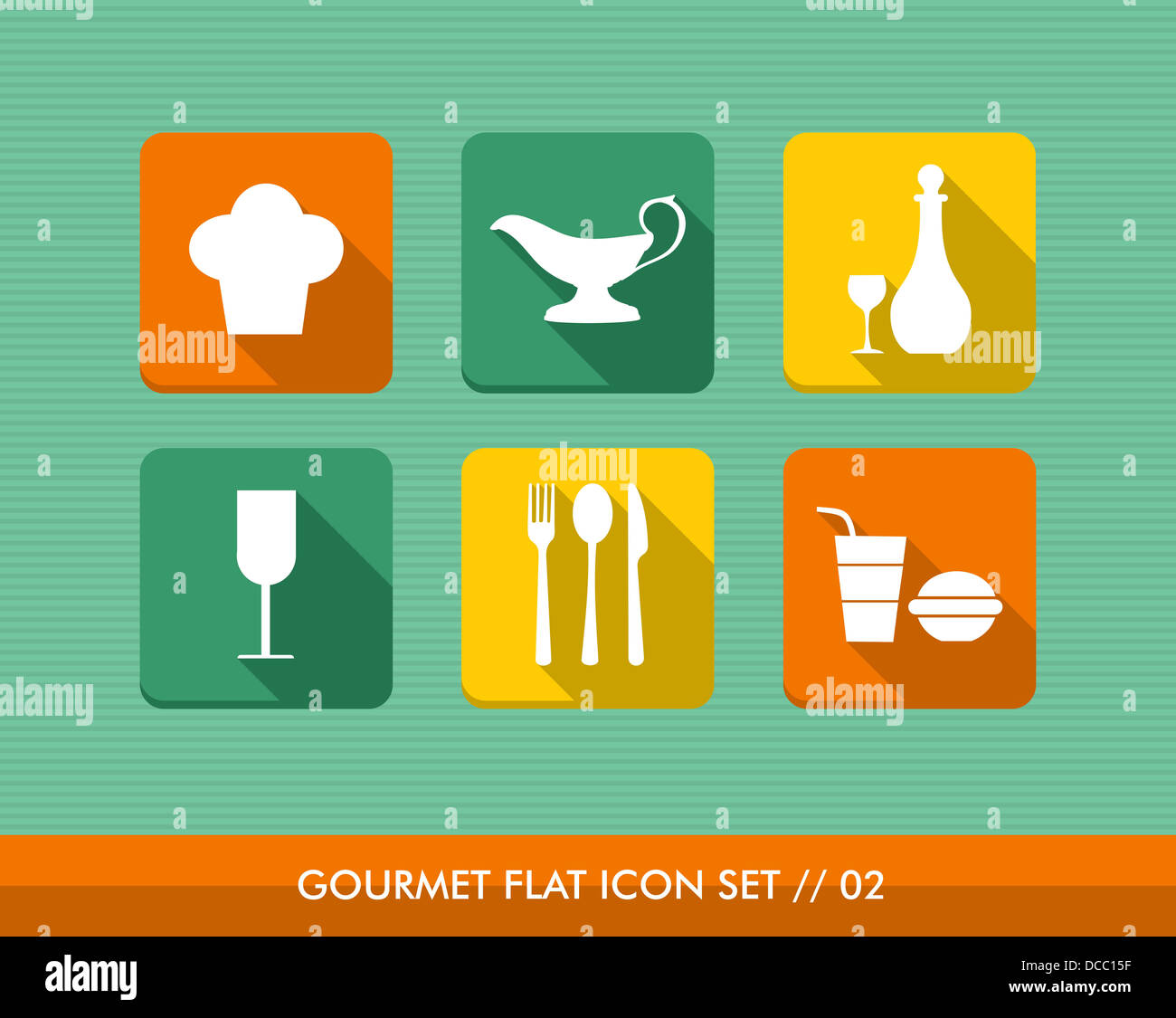 Bunte Gourmet-Restaurant Essen flach Symbol Set, Web app Online-Menü Bestellung reservieren. Vektor-Datei für die einfache Bearbeitung geschichtet. Stockfoto