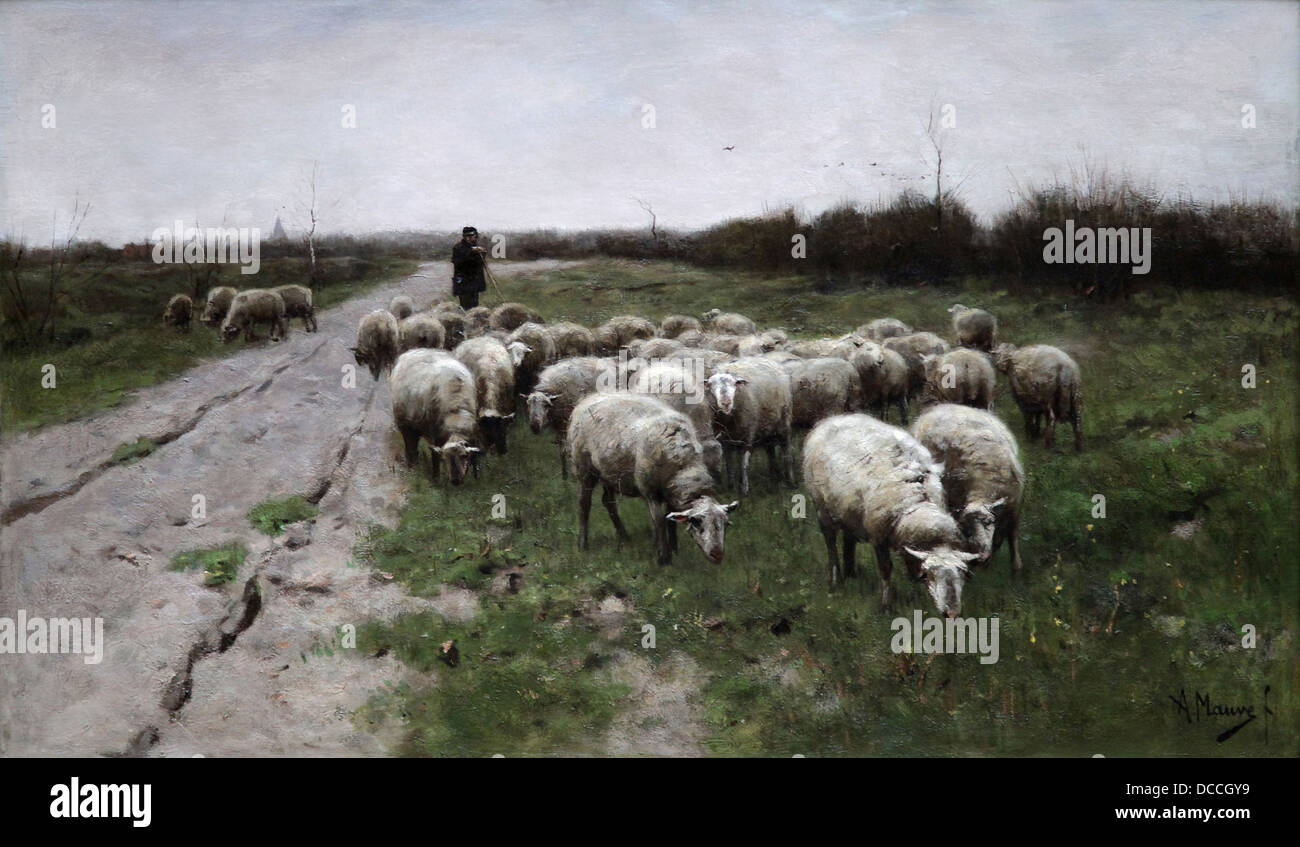 Schäferhund und Schafe von Anton Mauve (1838-1888).niederländischer realistischer Maler.Schwiegercousin von Vincent van Gogh.Schafherde mit Schäferhund. Stockfoto