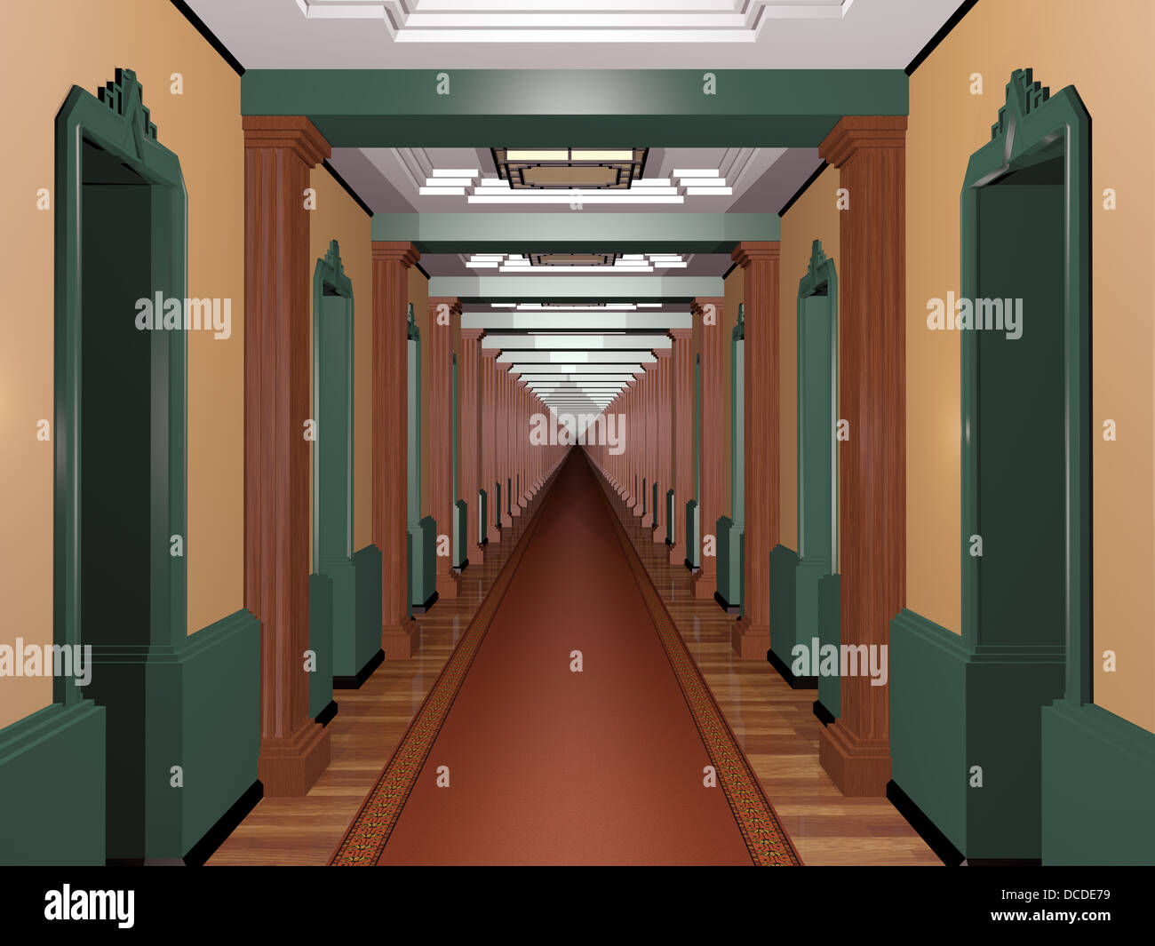 Nie endenden Art-Deco-Korridor mit einer unendlichen Anzahl von Zimmern Stockfoto