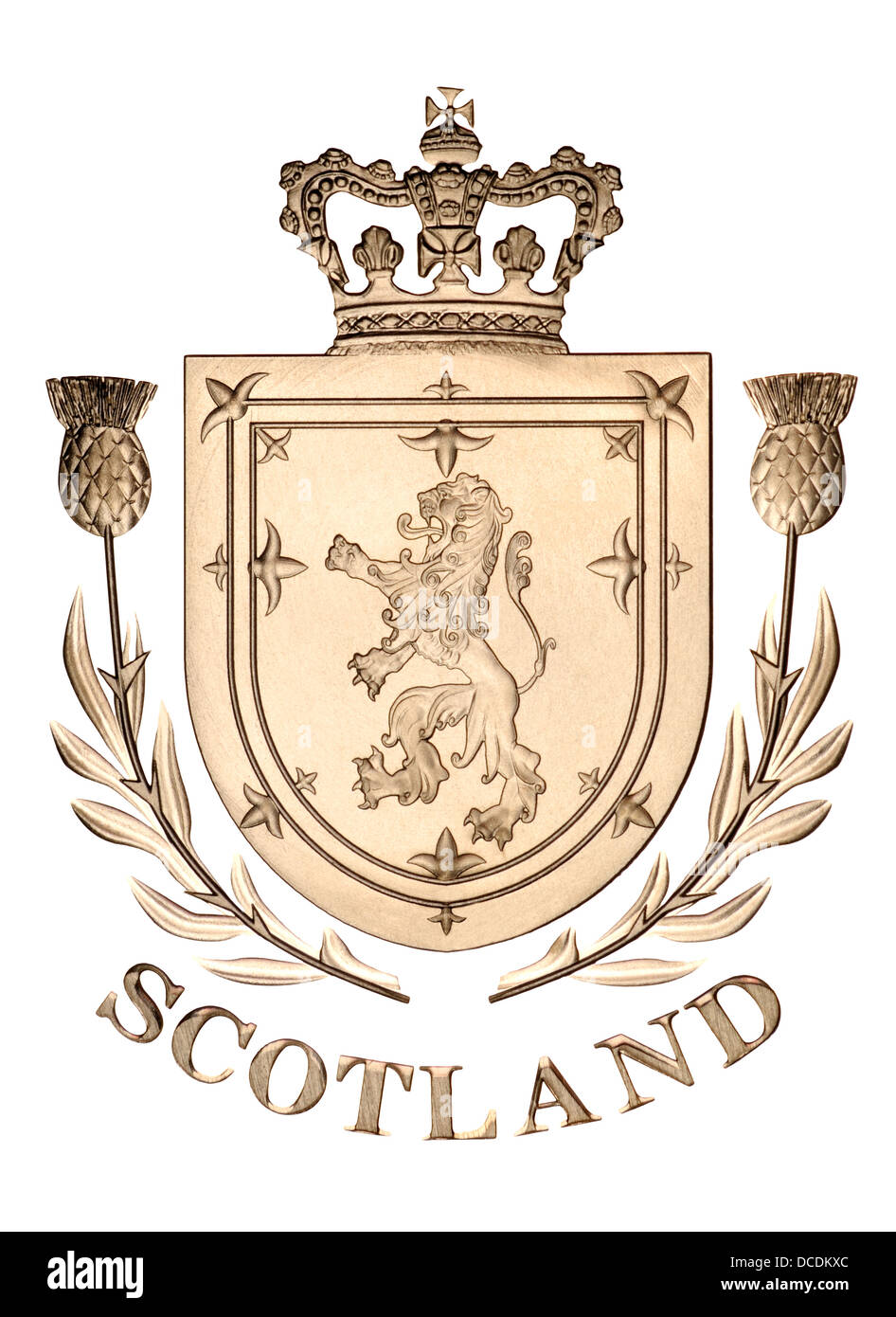 Schottland Wappen, aus einer Münze. Details Digital ausgeschnitten und Schlagschatten hinzugefügt Stockfoto