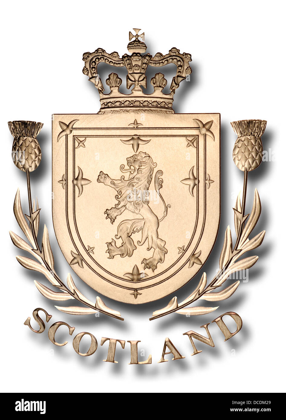 Schottland Wappen, aus einer Münze. Details Digital ausgeschnitten und Schlagschatten hinzugefügt Stockfoto