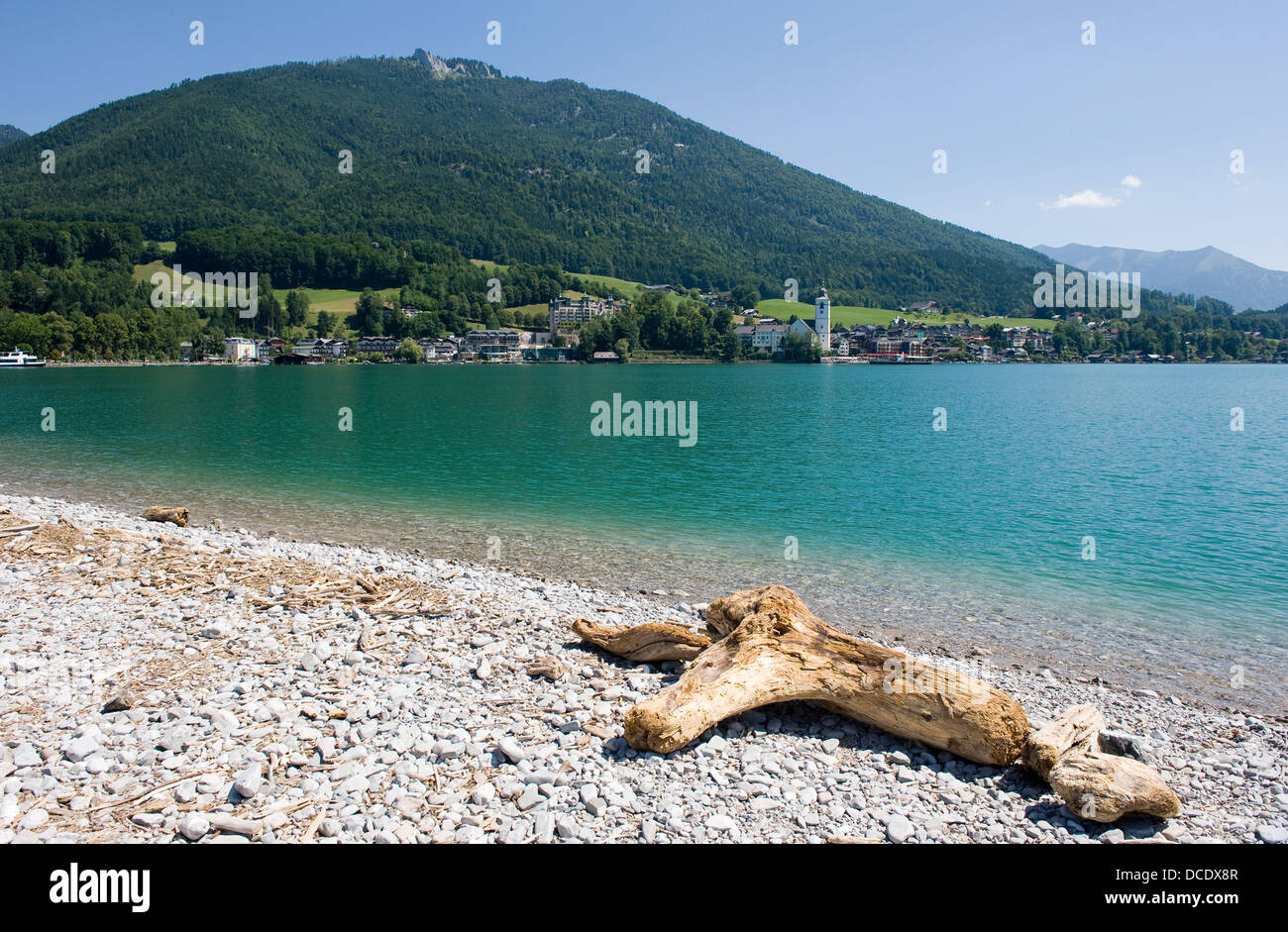 Ein Stück Holz liegt an einem Strand am Wolfgangsee in Österreich Stockfoto