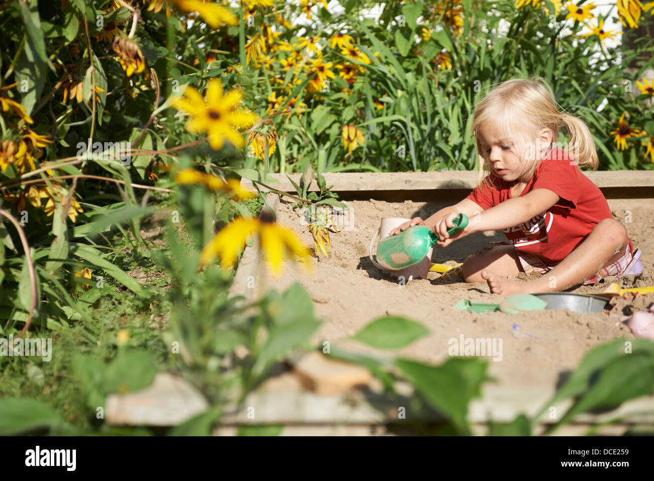 Kleines blondes Mädchen spielen im Sandkasten im Sommergarten Stockfoto