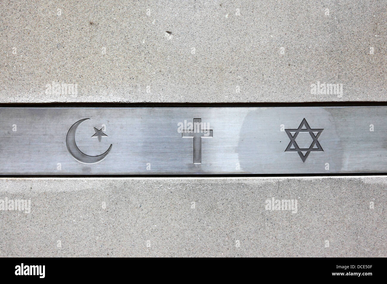 Symbole der wichtigsten abrahamitischen Religionen (Judentum, Christentum und Islam), Papst John Paul II Gebet Garten, Baltimore, USA Stockfoto