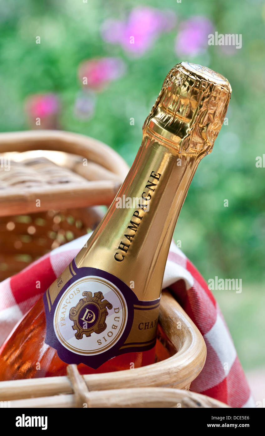 Rosé-Champagner-Flasche im Picknickkorb in der Sommerveranstaltung unter freiem Himmel Stockfoto