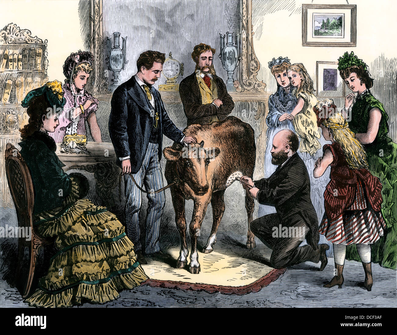 Patienten vaccnated gegen Pocken mit live Virus von einem Kalb, 1872. Hand - farbige Holzschnitt Stockfoto