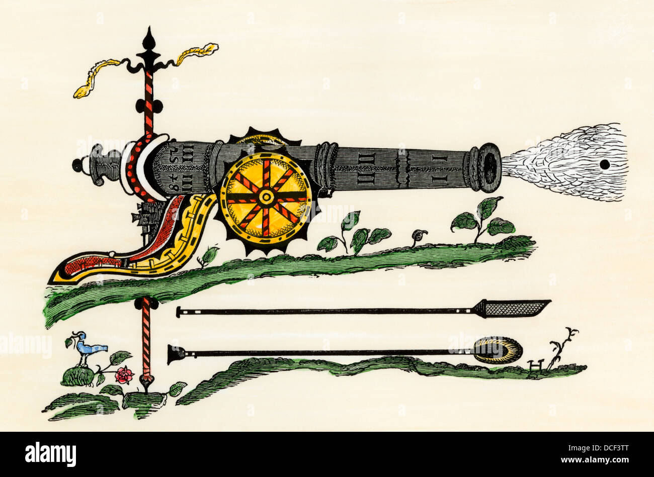 Kanone abfeuern, Anfang des 17. Jahrhunderts. Hand - farbige Holzschnitt Stockfoto