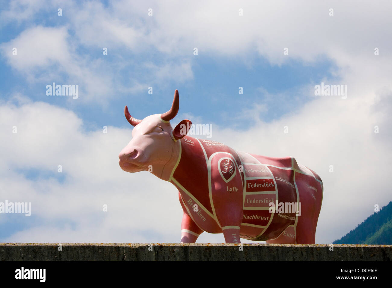 Fleisch-Kuh von einer Metzgerei gegen einen sonnigen Himmel Stockfoto