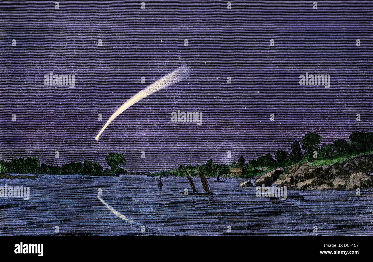 Der Donati Kometen, wie es am 30. September 1858 erschien. Hand - farbige Holzschnitt Stockfoto