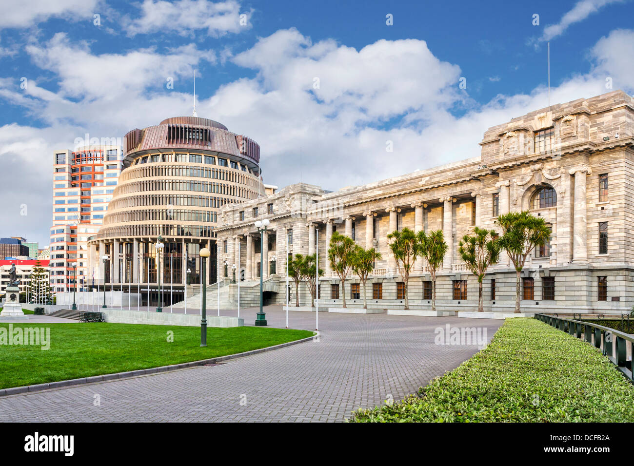 Parliament House und den Bienenstock, Wellington, Neuseeland. Stockfoto
