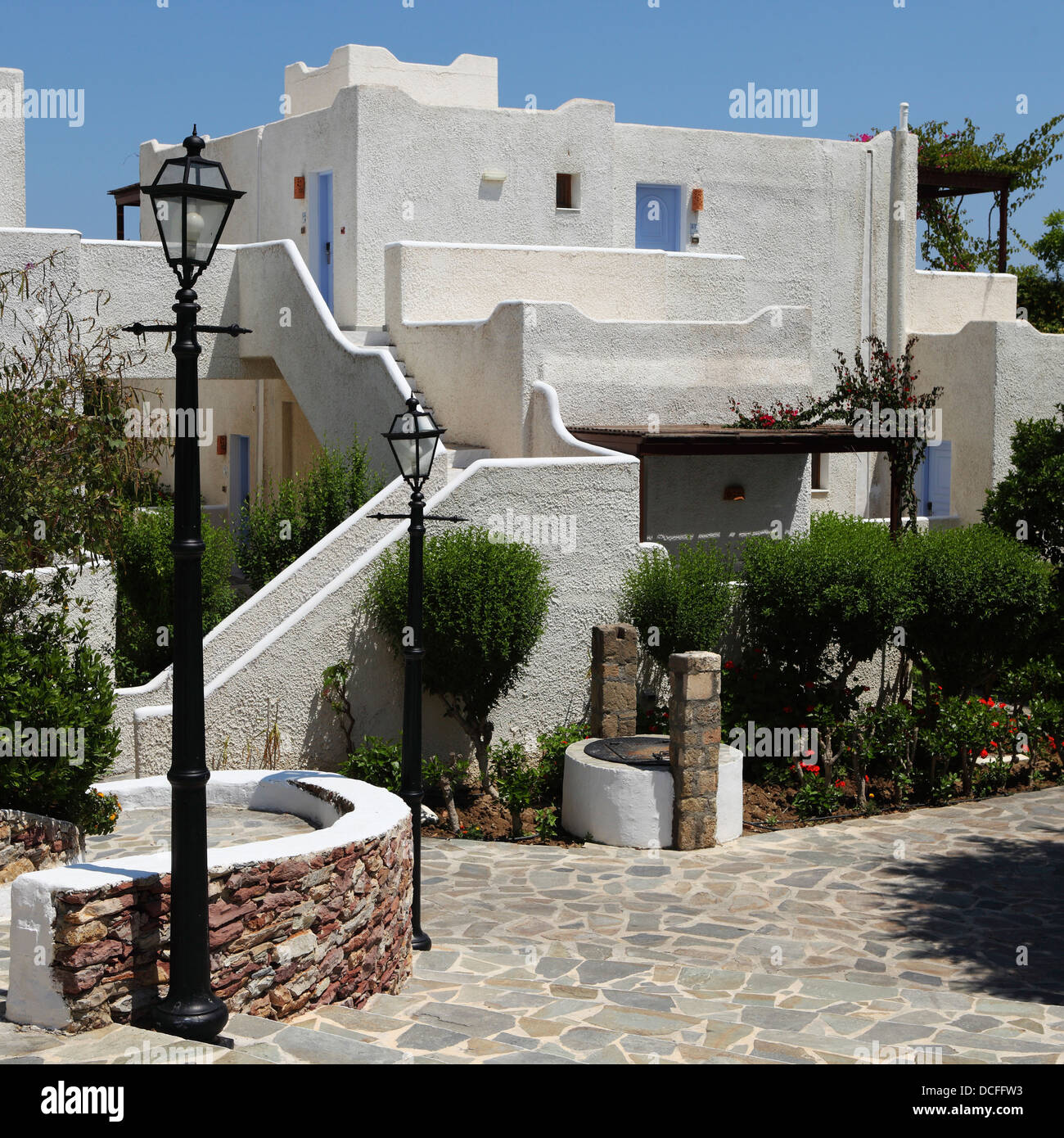 Wohnen im 5-Sterne Lindian Village Resort in Lindos, Rhodos, Griechenland. Stockfoto