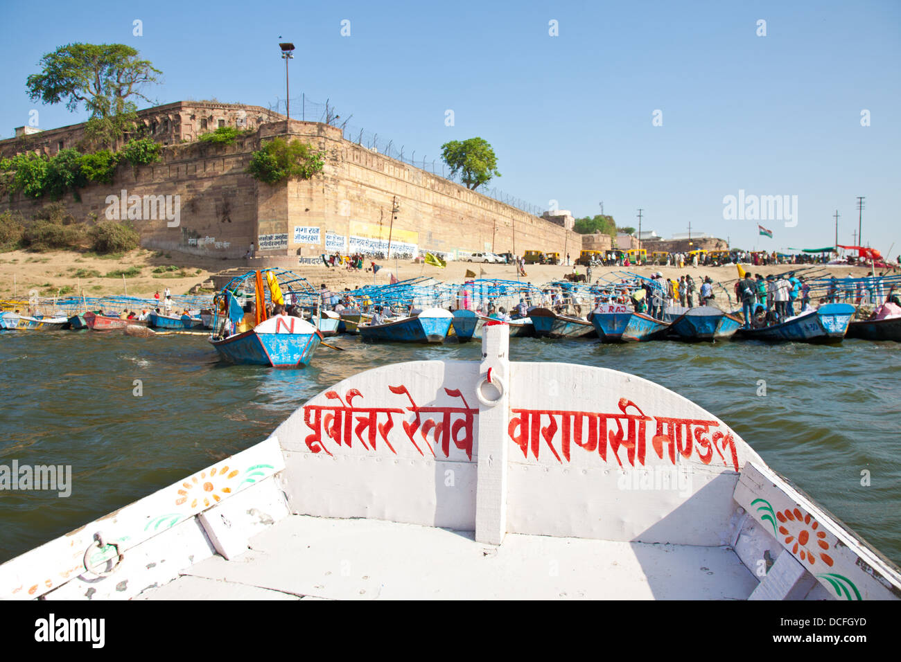 An der Einmündung der heiligen Flüsse Ganges und Yamuna in Allahabad, Uttar Pradesh, Indien. Stockfoto