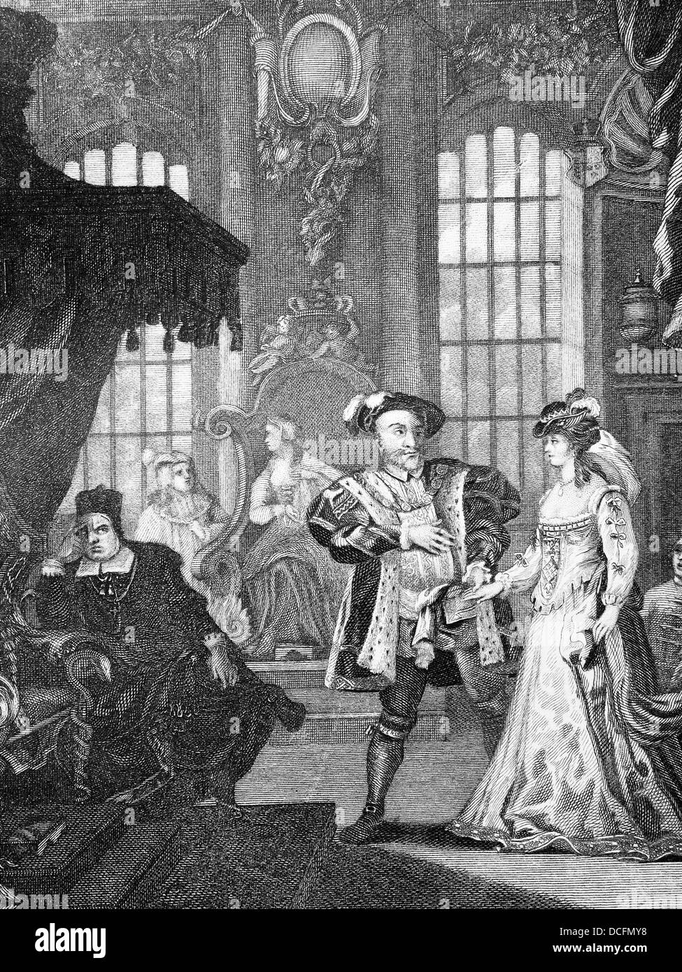 König Henry achten und Anna Boleyne. Kupferstich aus dem Original von William Hogarth. Stockfoto