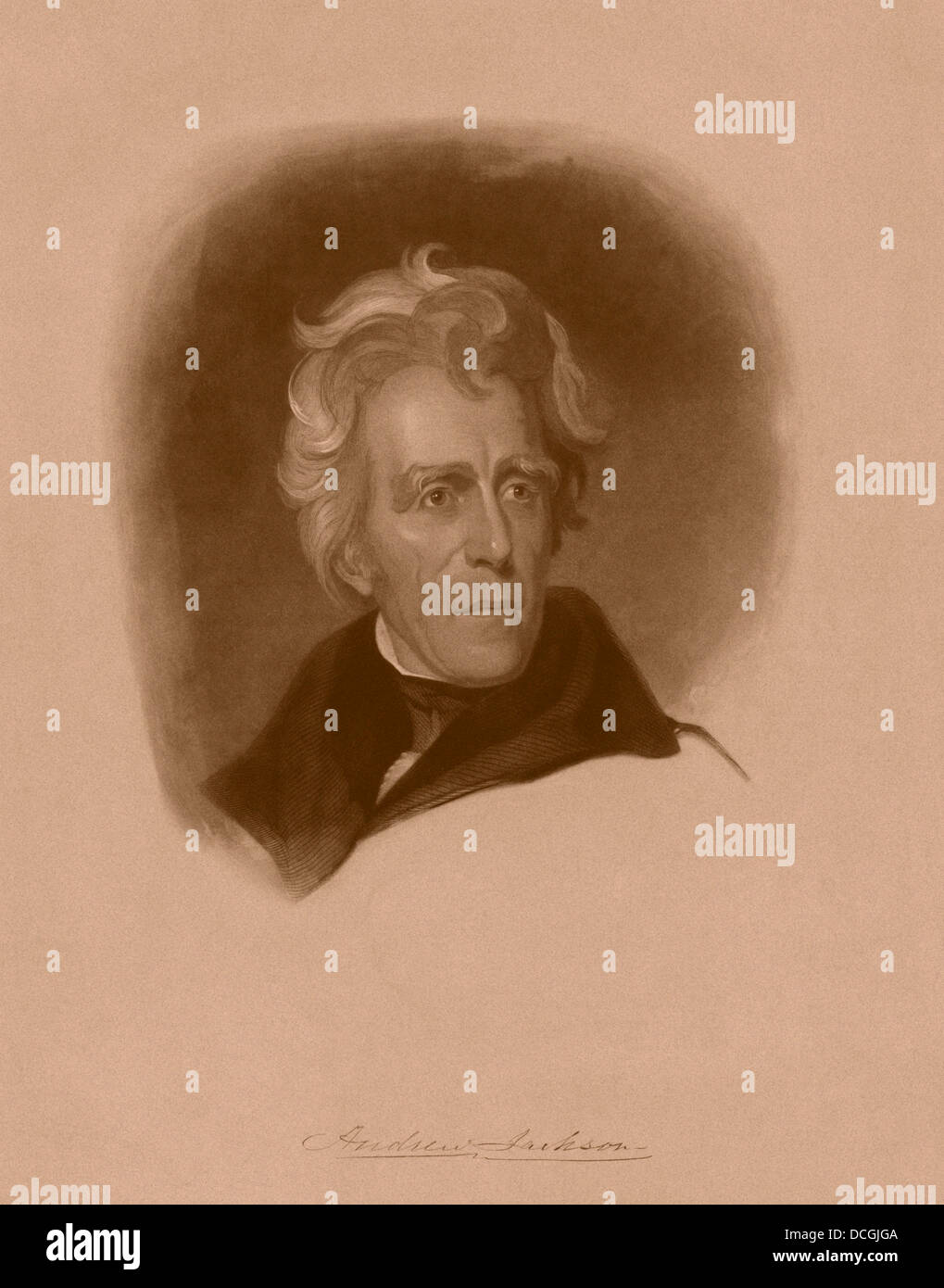 Digital restauriert amerikanischen Geschichte Portrait von Präsident Andrew Jackson und seiner Unterschrift. Stockfoto