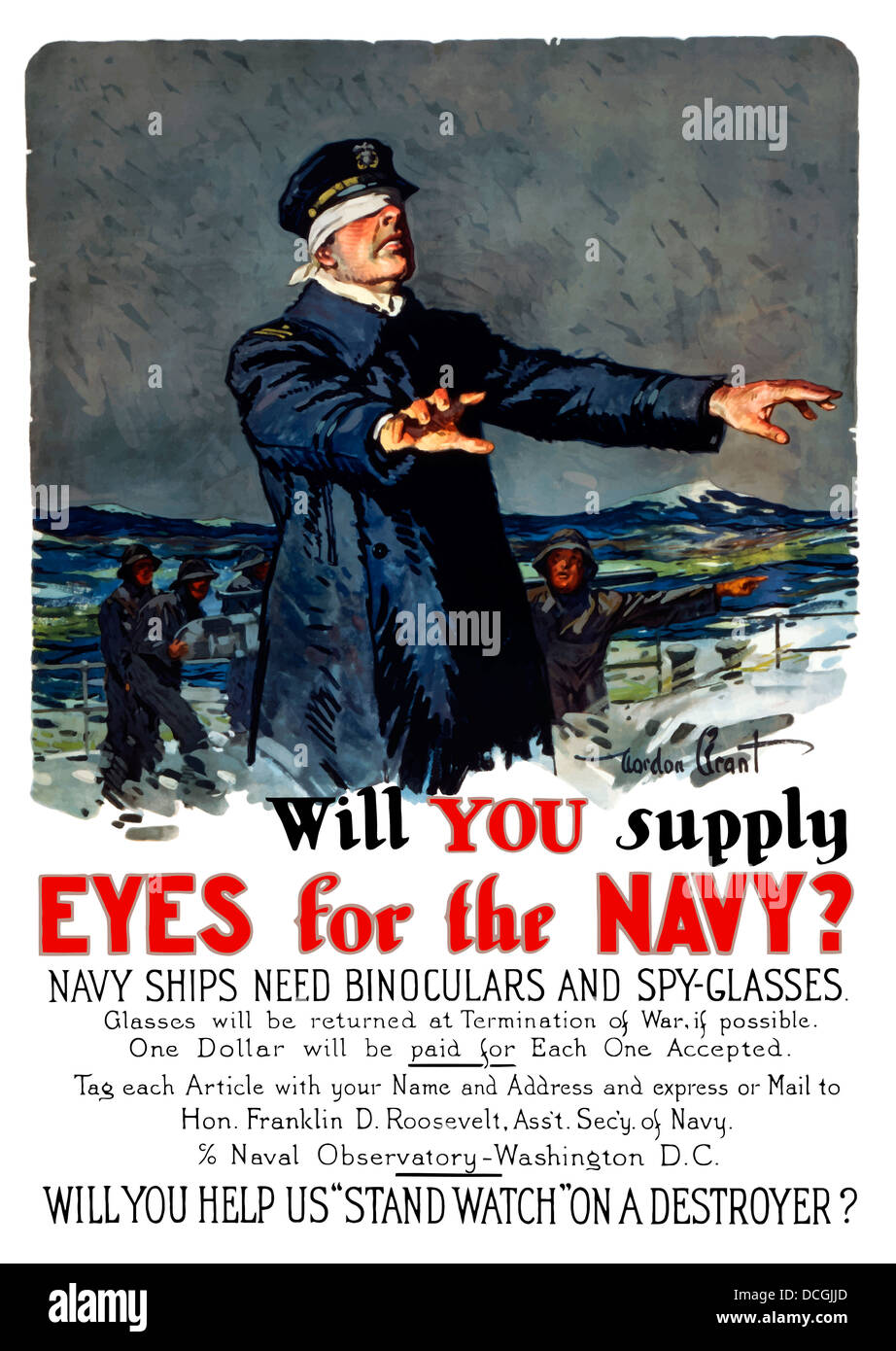 Vintage Weltkrieg Propaganda Poster mit Kapitän eines Schiffes mit verbundenen Augen. Stockfoto