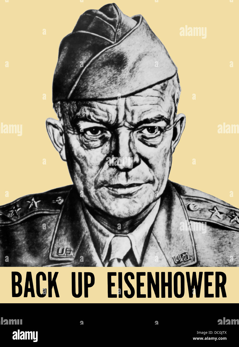 Vintage Weltkrieg Propaganda Poster mit General Dwight Eisenhower. Dort heißt es "Eisenhower zurück. Stockfoto