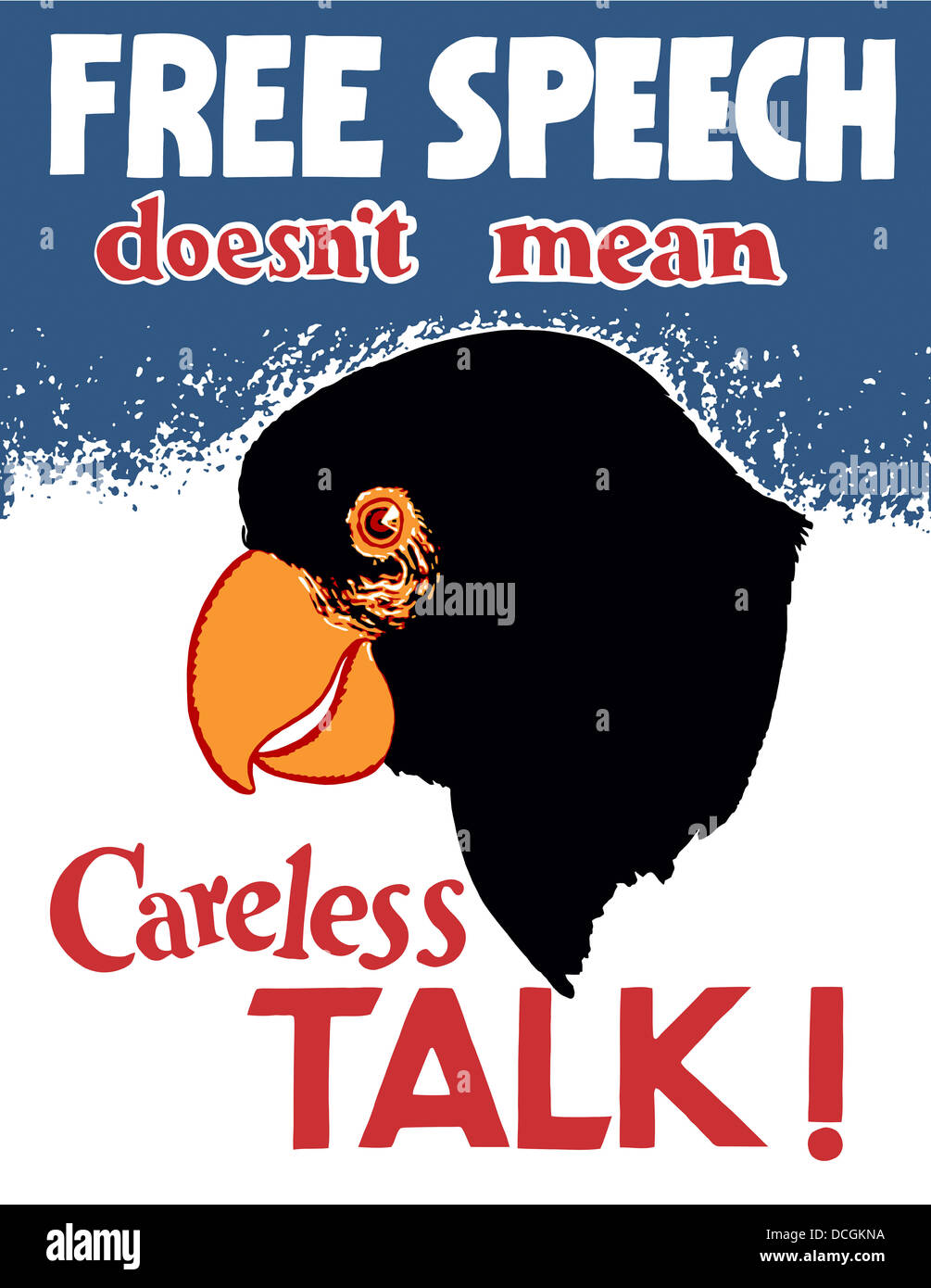 Vintage Weltkrieg Propaganda Poster mit einem Papagei. Es liest, freie Meinungsäußerung bedeutet unvorsichtige redet nicht! Stockfoto