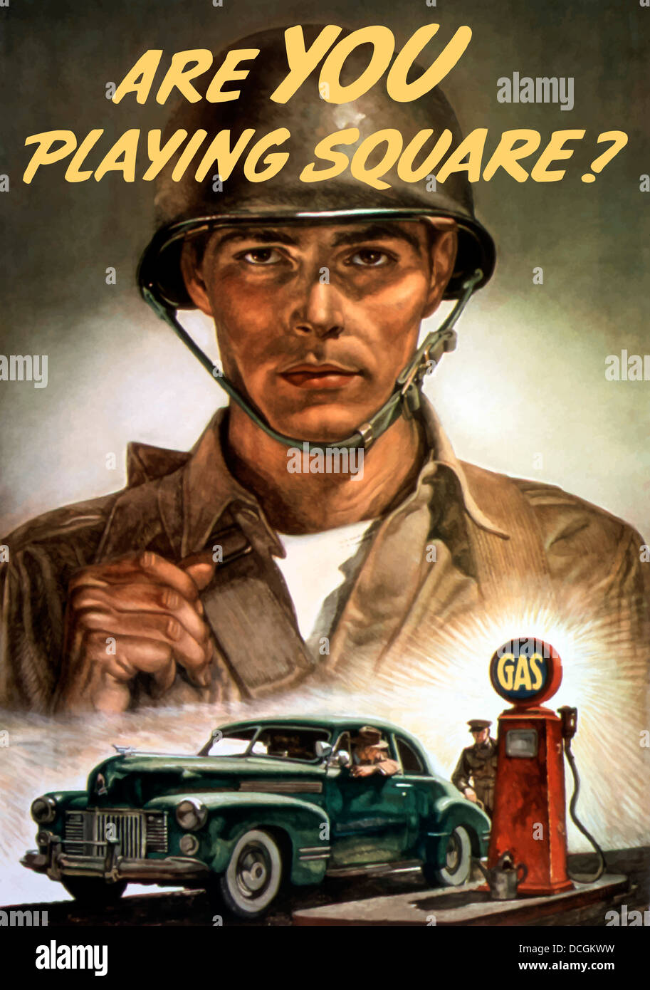 Dem zweiten Weltkrieg Propagandaplakat eines Soldaten mit Blick auf einen Mann an der Zapfsäule. Stockfoto