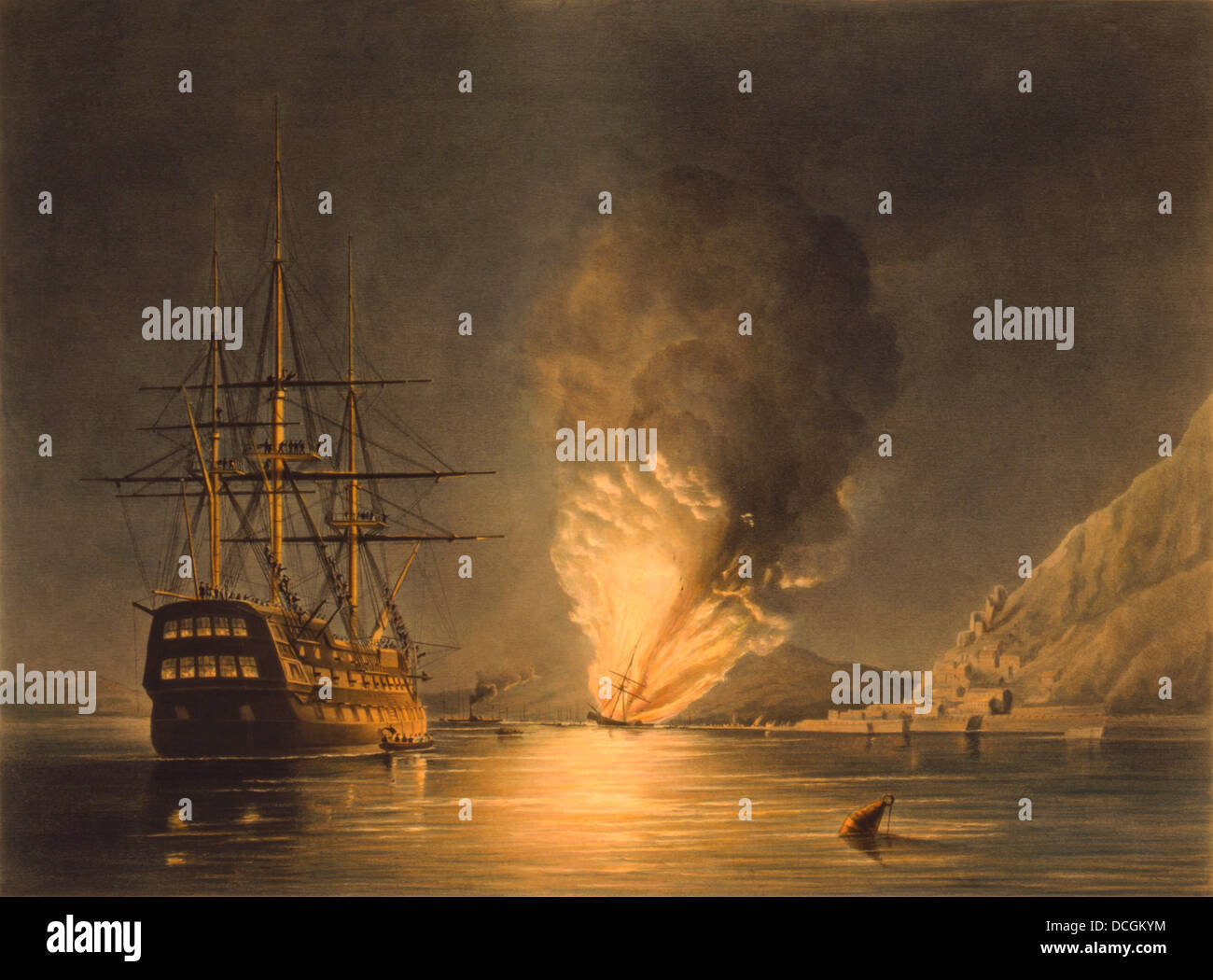 Vintage Marinegeschichte Drucken mit der Explosion des Dampf-Fregatte United States-Missouri, in Gibraltar, 26. August 1843. Stockfoto