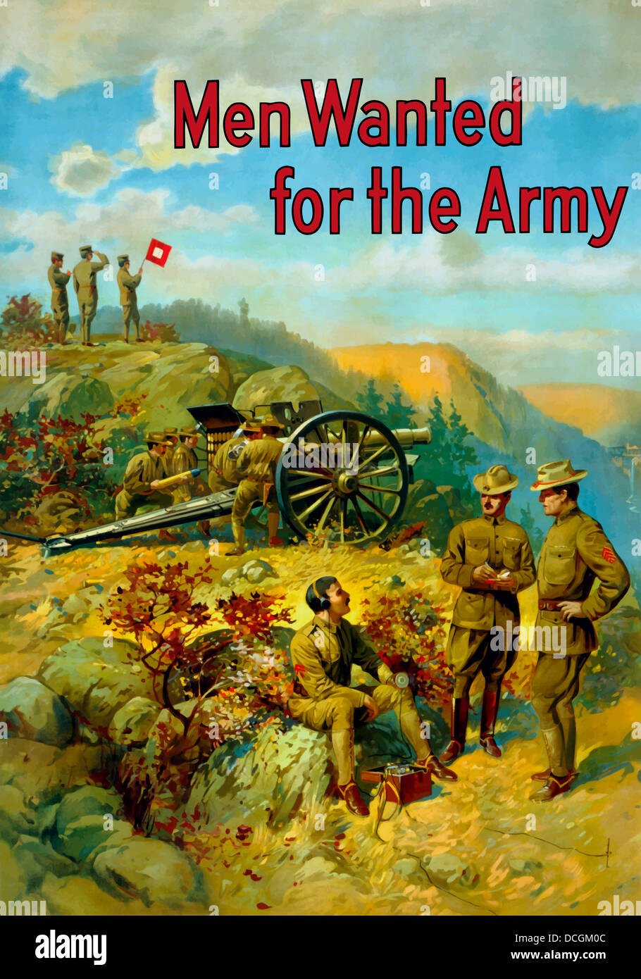 Vintage Weltkrieg Propaganda Poster mit Soldaten Besatzung verschiedene Posten. Es liest, Männer wollten für die Armee. Stockfoto