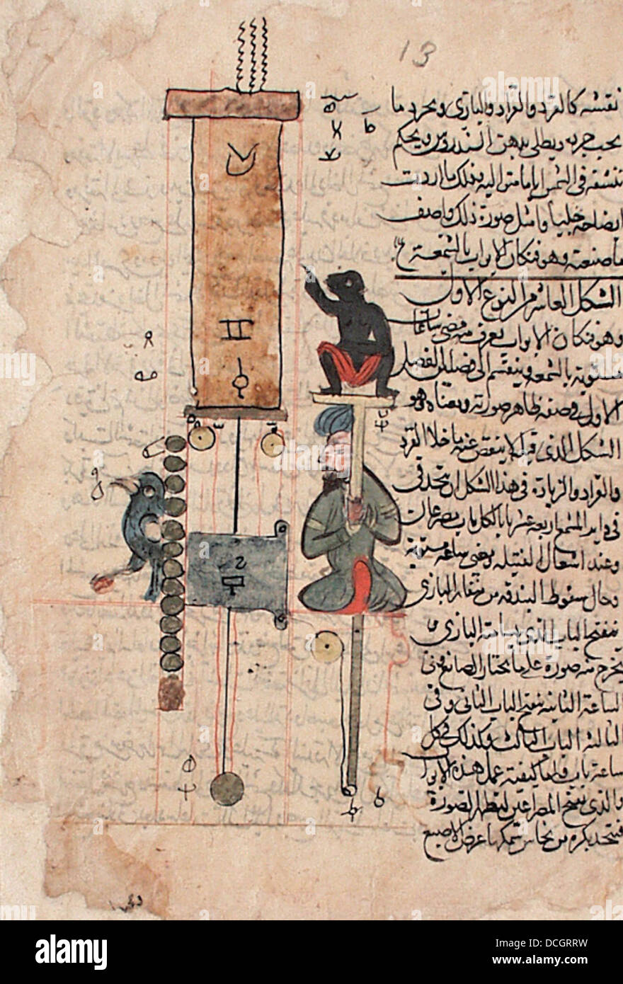 Die Manuskriptseite von al-Jazari zeigt ein frühes mechanisches Zeitmessgerät, das den Einfallsreichtum der islamischen Ingenieurskunst zeigt. Die Arbeit beleuchtet die Fortschritte in der Automaten- und Mechaniktechnik im Mittelalter. Stockfoto