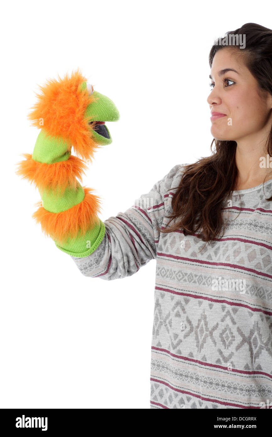 -Modell veröffentlicht. Junge Frau hält eine Handpuppe Stockfoto