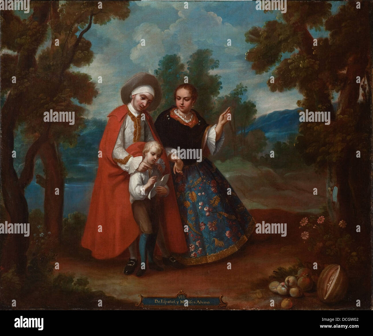 „De espanol y morisca, albino“ (Casta Painting) ist Teil der Sammlung von LACMA, die die komplexe Rassen- und Sozialhierarchie der lateinamerikanischen Kolonialgesellschaft durch visuelle Kunst darstellt. Stockfoto