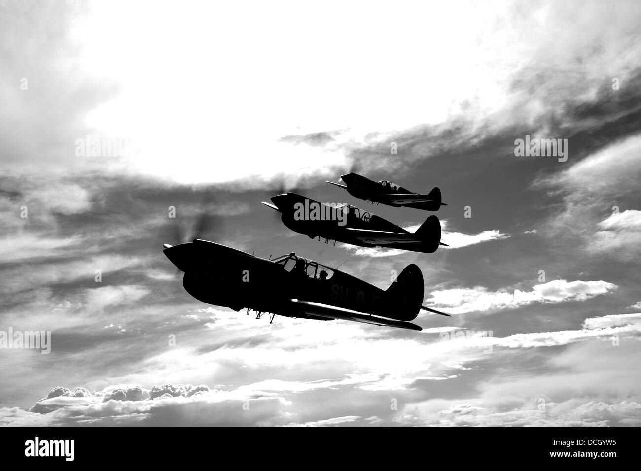 Eine Gruppe von p-40 Warhawks fliegen in Formation in der Nähe von Nampa, Idaho. Stockfoto