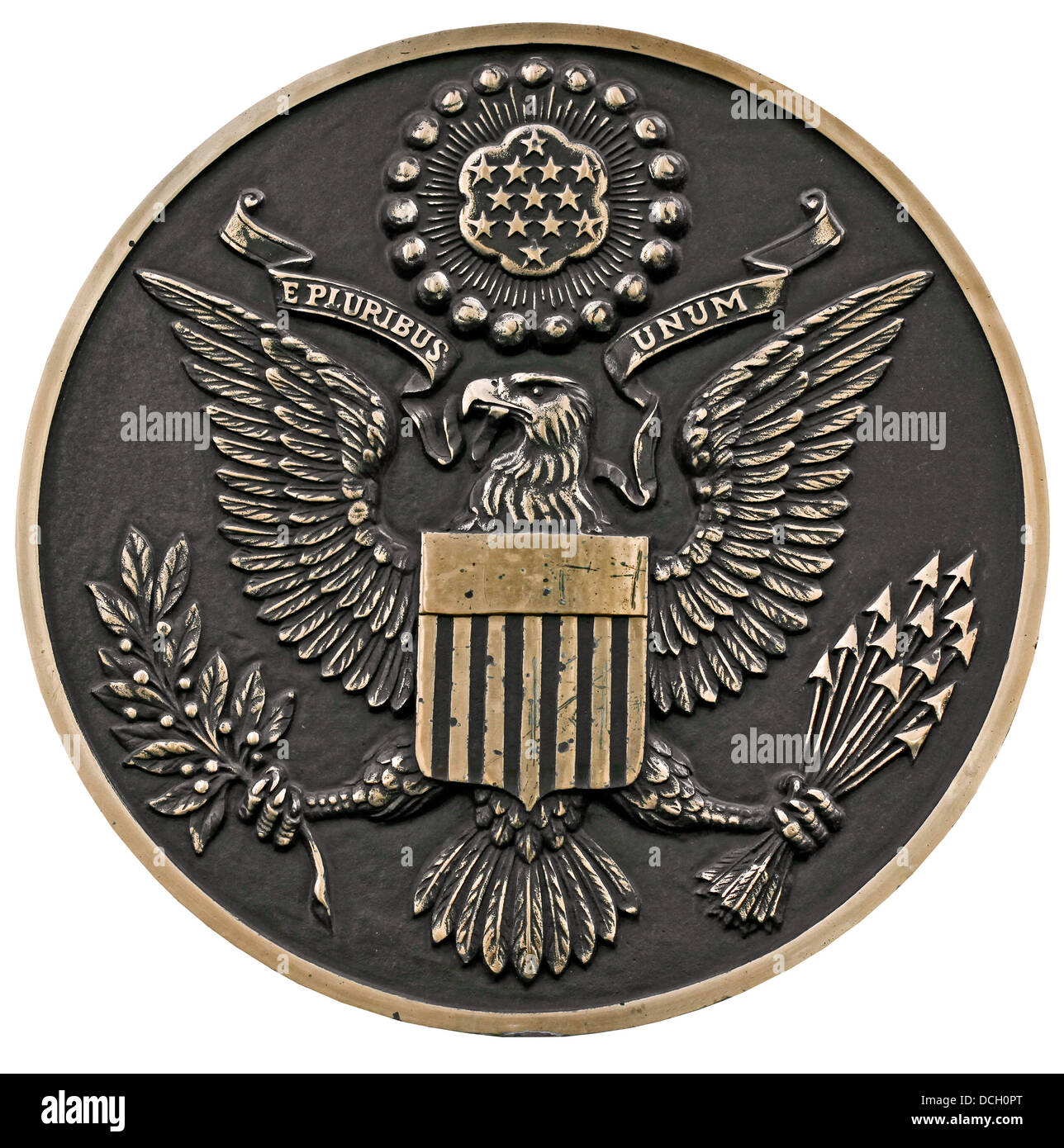 Nahaufnahme von eine Bronzetafel über eine große Siegel der Vereinigten Staaten, Vorderansicht, Clipping-Pfad Stockfoto