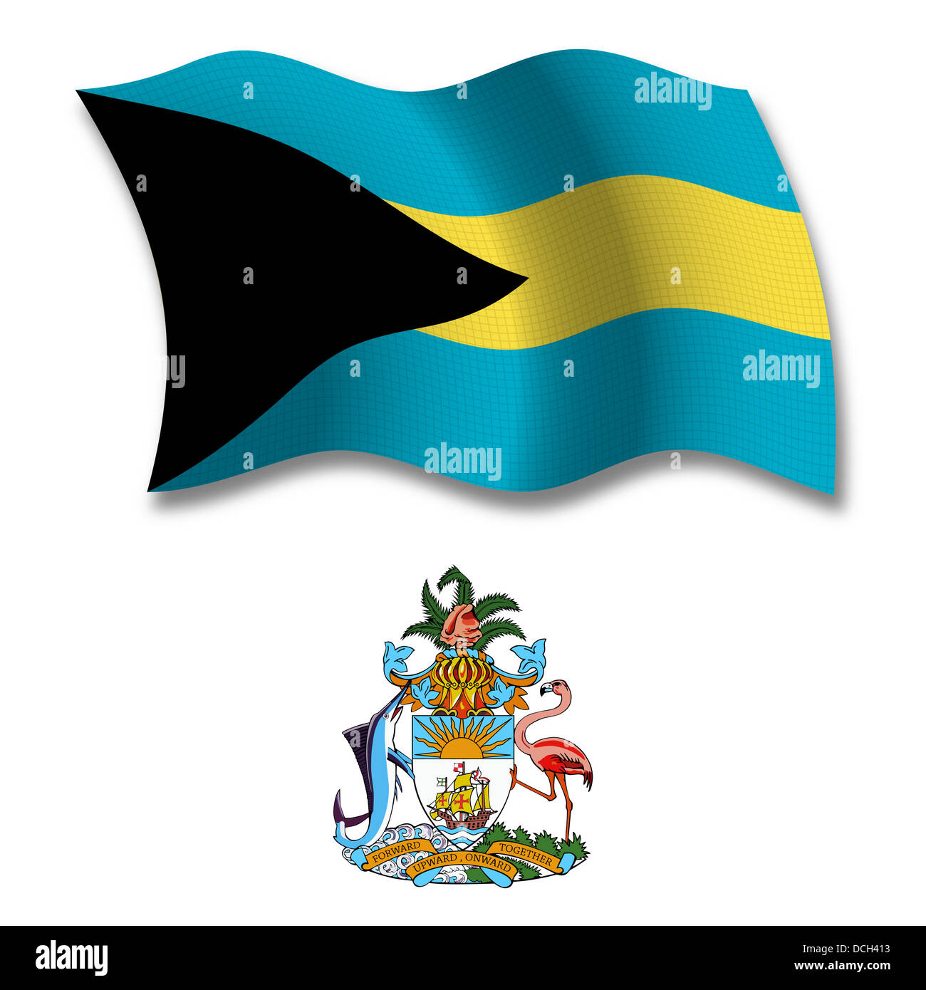 Bahamas beschattet texturiert, gewellte Fahne und Wappen vor weißem Hintergrund, Vektor-Illustration Kunst Stockfoto