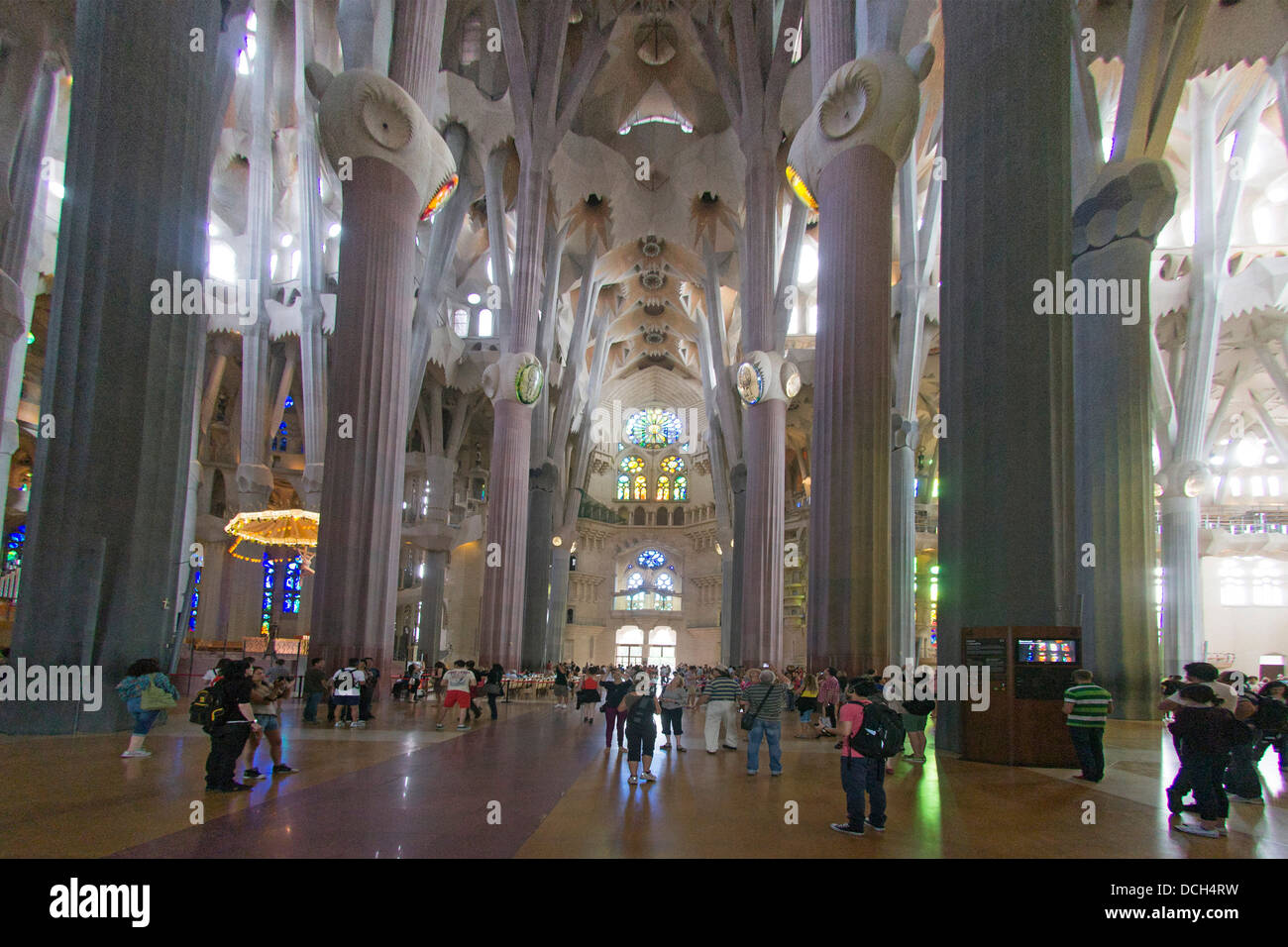 Fisheye Blick auf das Innere der Sagrada Família, Barcelona, Katalonien, Spanien Stockfoto
