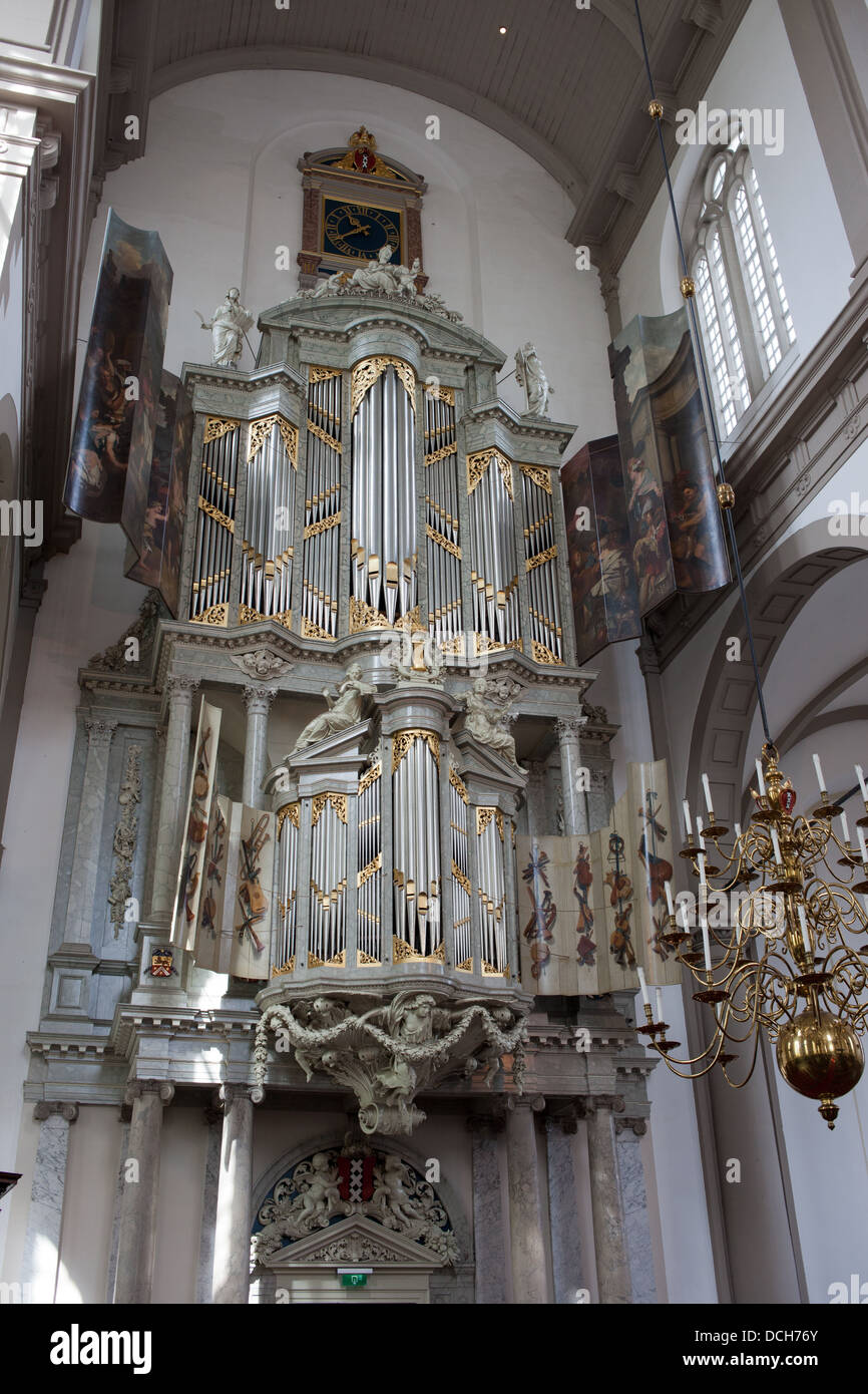 Organe der Westerkerk (westliche Kirche) in Amsterdam, Holland, Niederlande. Stockfoto