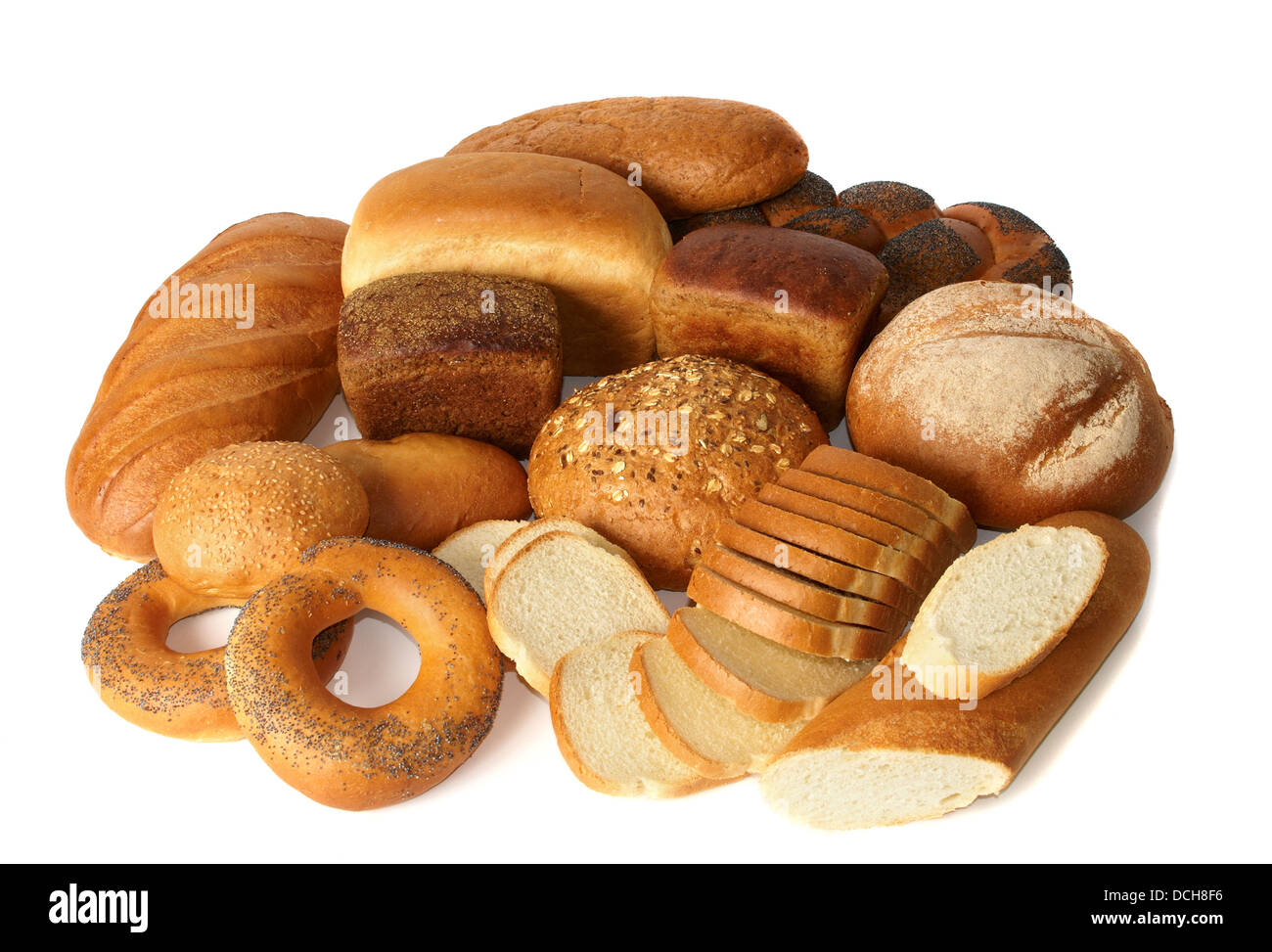 Produkte der Bäckerei zusammengesetzt auf weiß Stockfoto