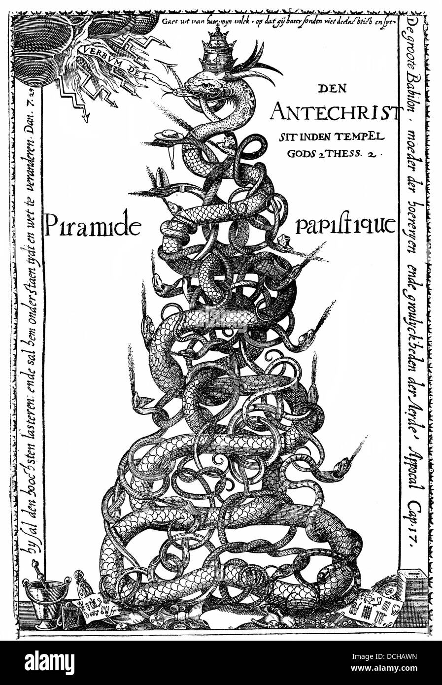 Niederländische Karikatur, Ende des 16. Jahrhunderts, die päpstliche Pyramide, den Papst als Antichrist, satirische Darstellung der kirchlichen Hierarchie Stockfoto