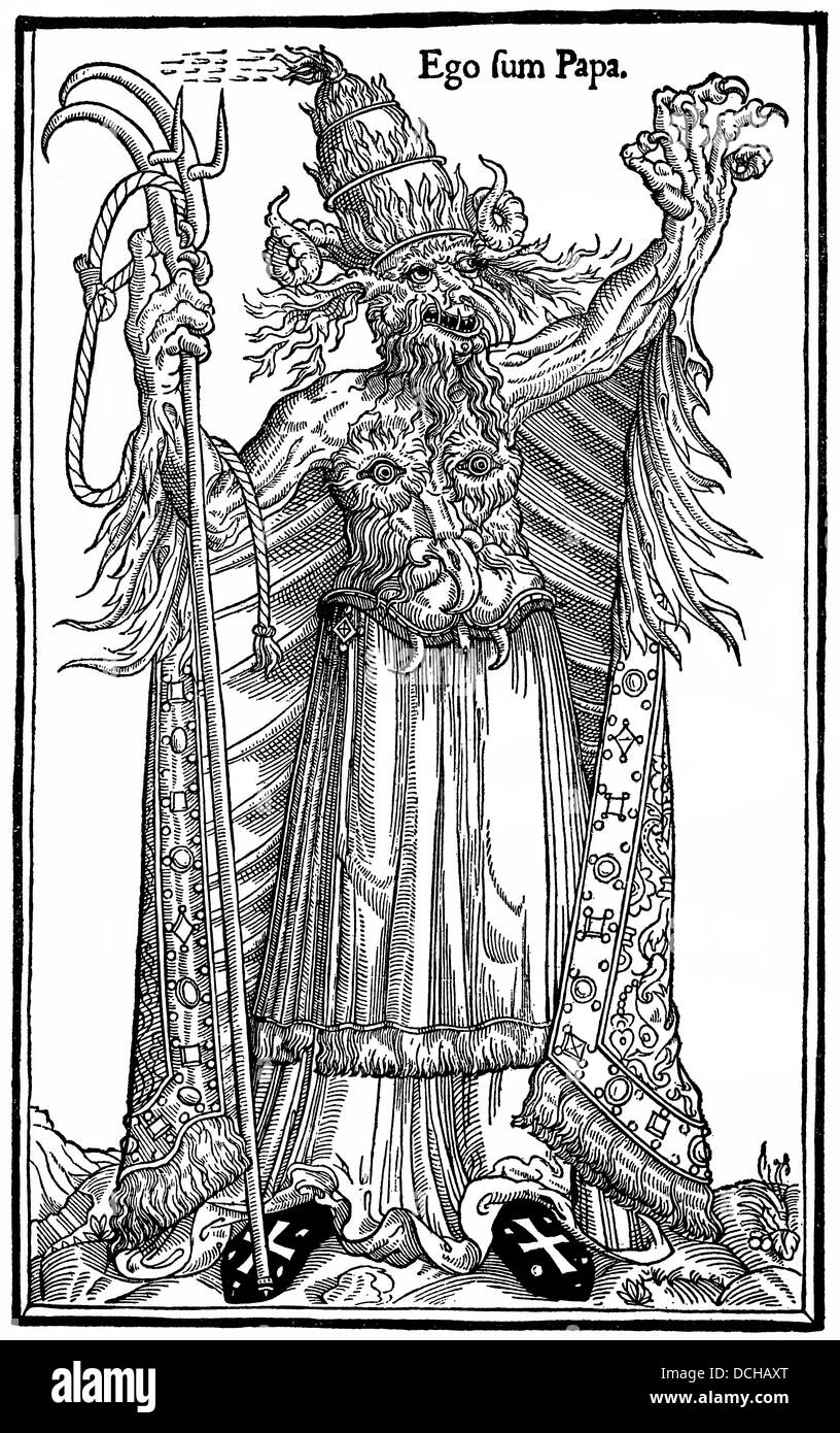 Anti-katholischen Karikatur von Papst Alexander VI., Darstellung des Papstes wie ein Teufel, Ego Sum Papa, ich bin der Papst aus dem 16. Jahrhundert Stockfoto