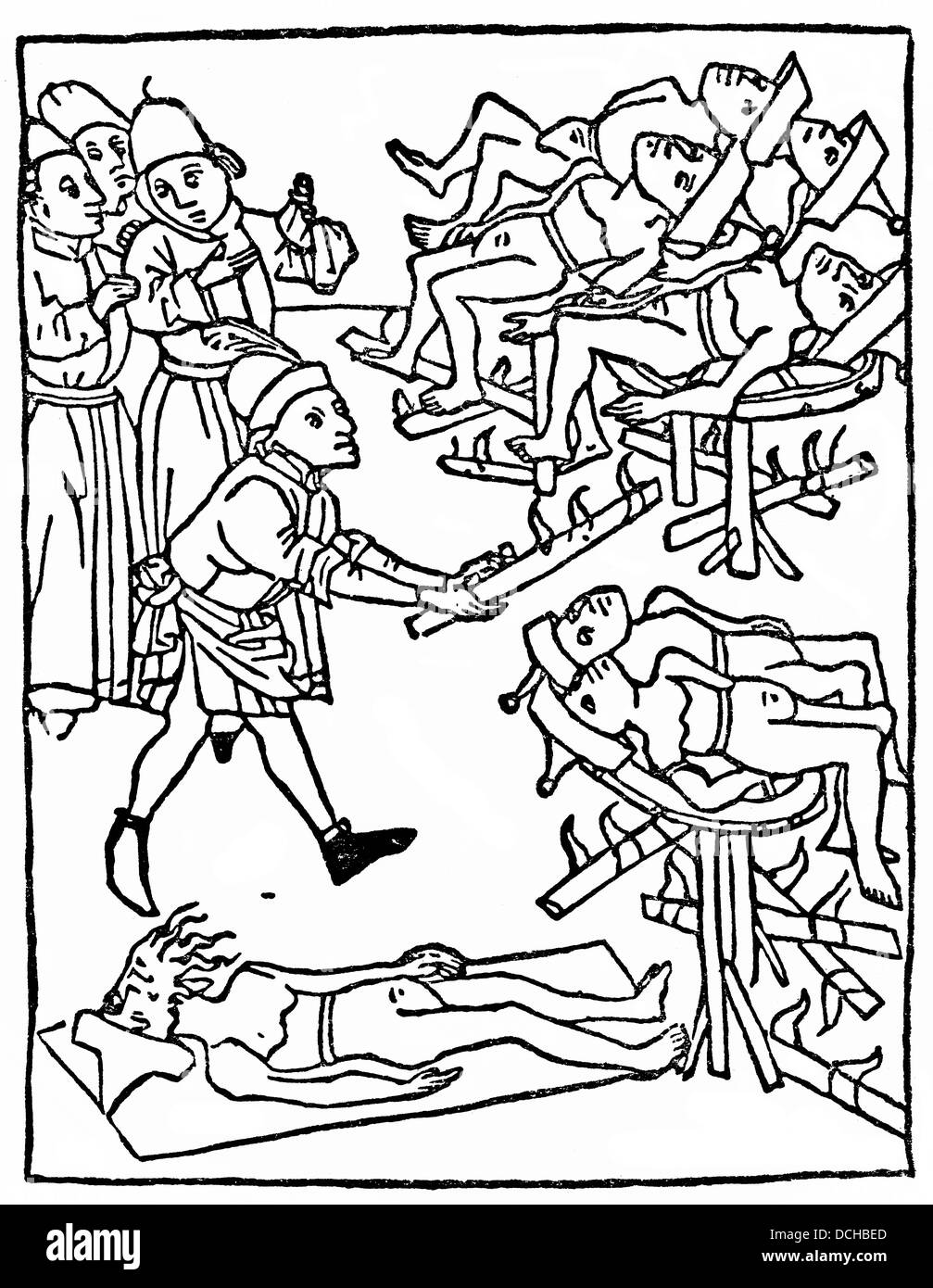 Folter von den Juden, mit jüdischen hüten, 1475, Beispiel der christlichen Antijudaismus im 15. Jahrhundert in Deutschland Stockfoto